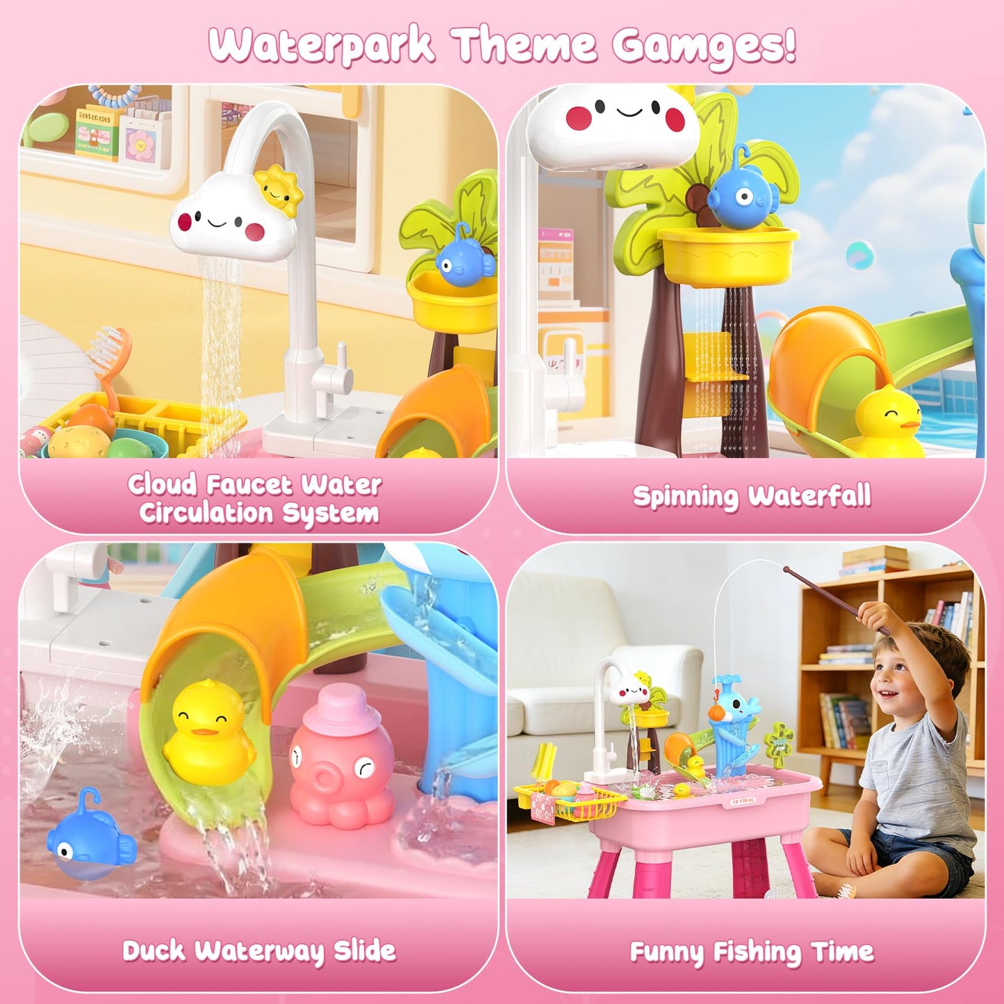GGRH 2026 Upgraded Water Table for Toddlers 1-3 - Outdoor Toys for Kids Ages 4-8 with Pump, Summer Outside Sensory Activity Pool Toys, Kitchen Play Sink Toy with Running Water, Fishing Toy, Pink