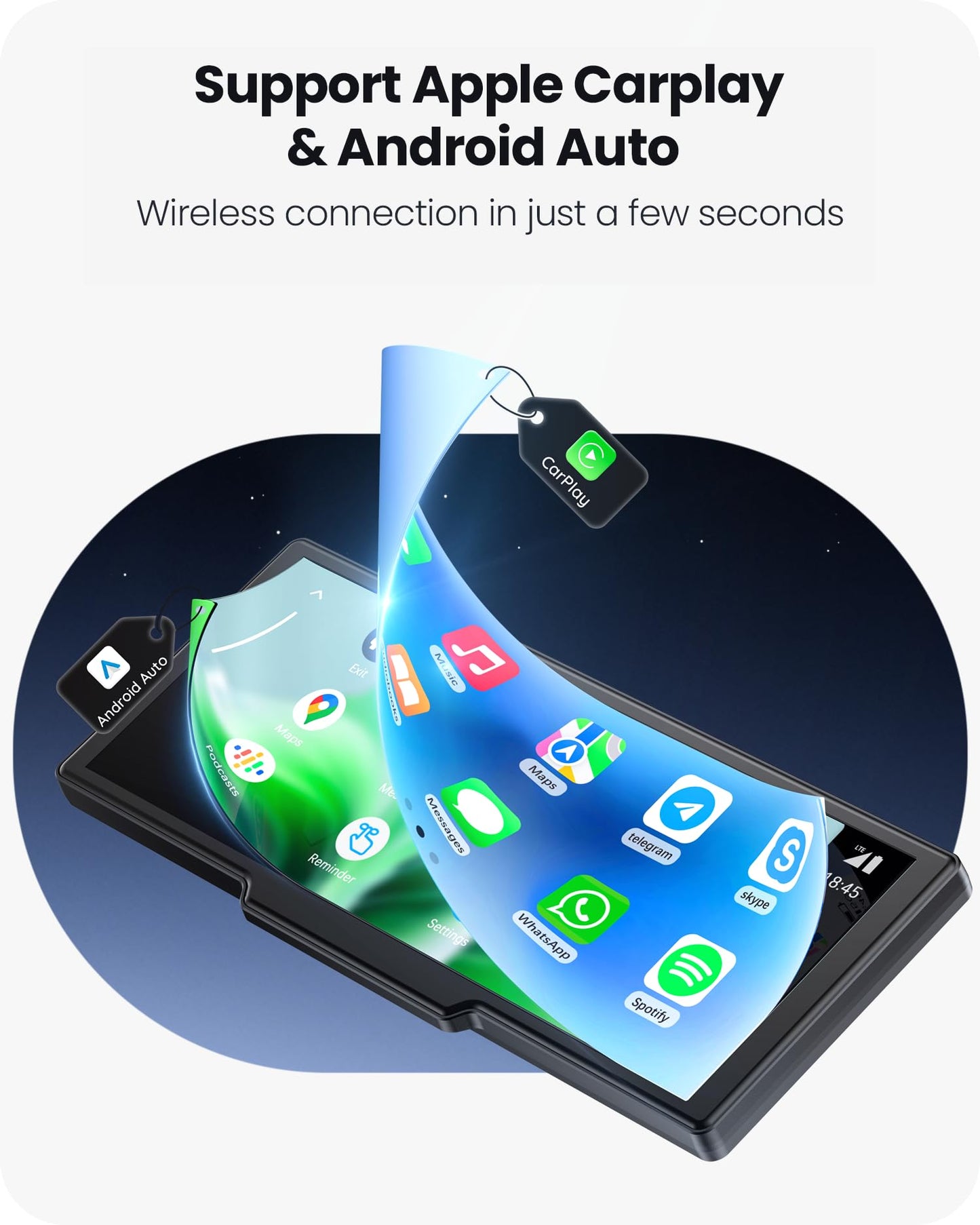 Avaett 9.26" Portable CarPlay Screen for Apple Carplay & Android Auto with 4K Dash Cam & HD Backup Camera, Wireless Car Play with Strongest Bluetooth 5.2, OTA Updates, Voice Control, GPS Navigation