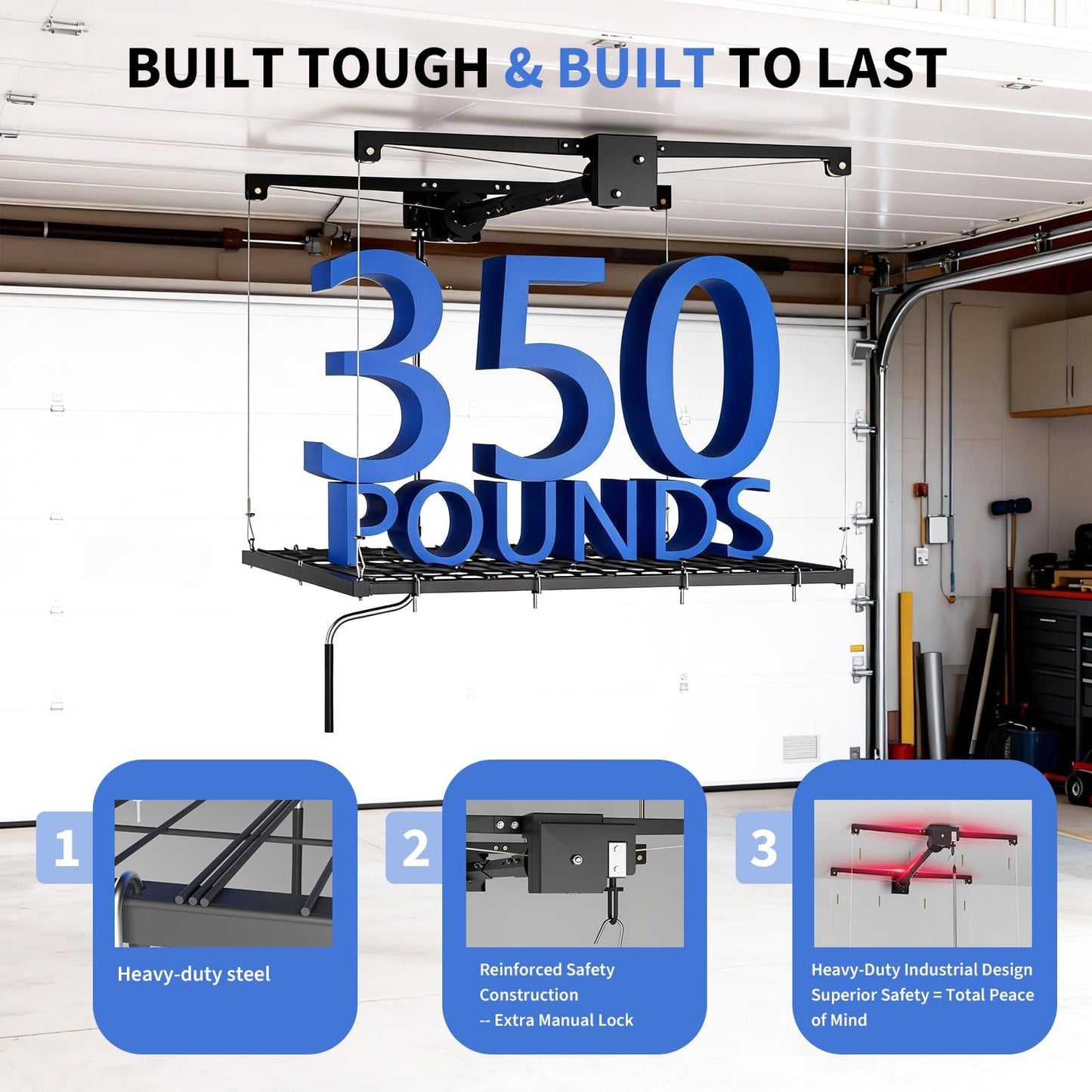 EliteEdge 【Dual-Cable Safety · Crank Lift System】 4x4ft Overhead Garage Storage Rack with 350lb Capacity - Heavy Duty Garage Ceiling Storage Racks for Space-Saving