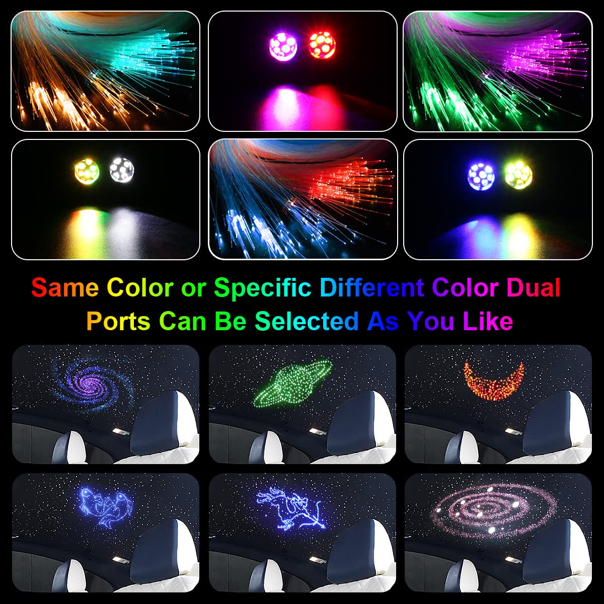 AKEPO 20W Dual-Head APP Twinkle RGBW Fiber Optic Lights, 1300pcs 0.03in 13.1ft/4m Fiber Strands Sound Activated Dual Color Fiber Optic Star Ceiling Light Kit for Car Headliner Star/Home