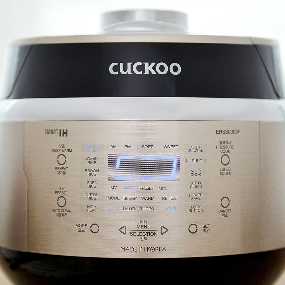 CUCKOO High Pressure Rice Cooker 3-Cup Uncooked / 6-Cup Cooked with Induction Heating Technology, Small Rice Maker with 16 Menu Options and Steam Plate, Voice Guide, Gold (CRP-EHSS0309F)