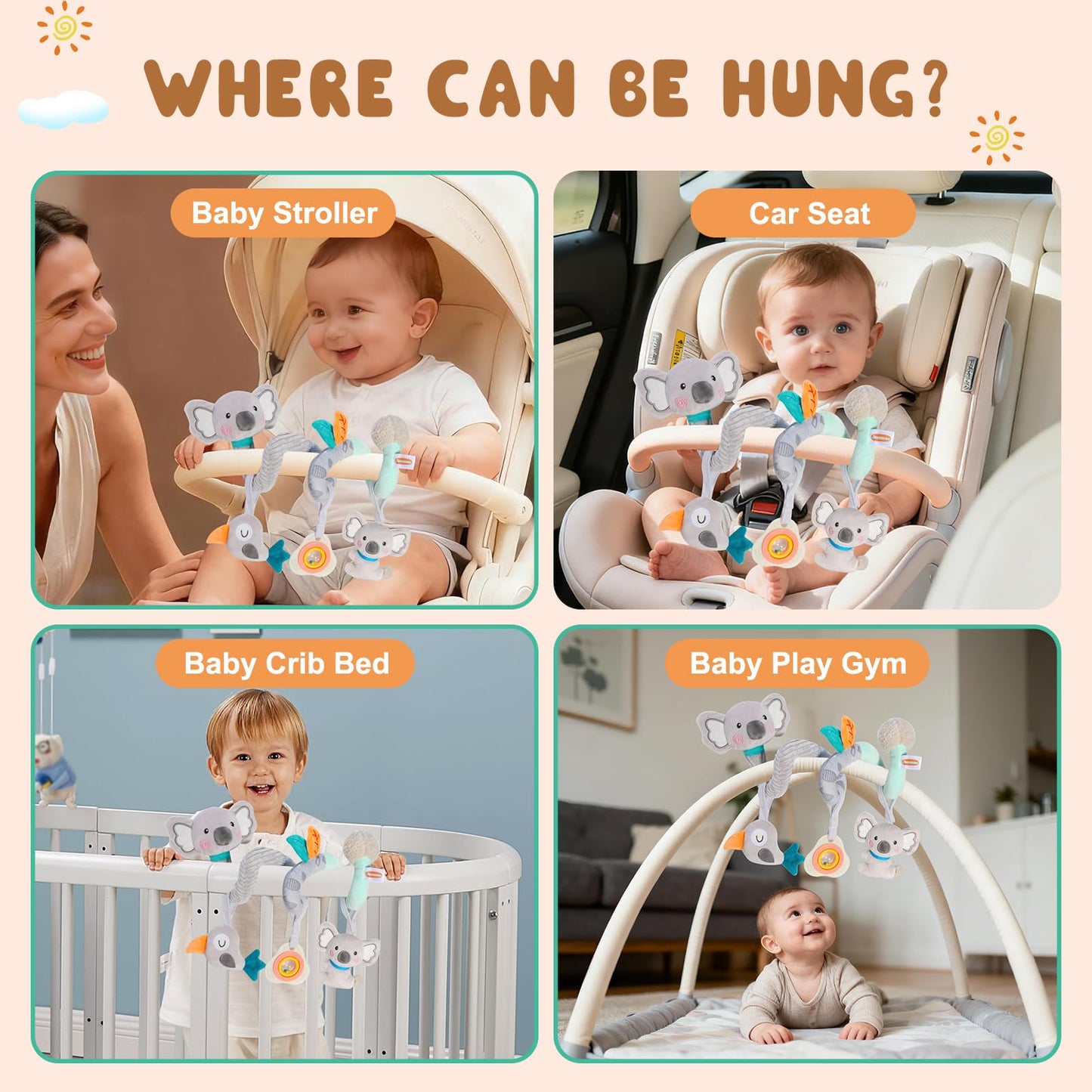 JINBOBUBU Baby Spiral Car Seat Toy, Stroller Hanging Sensory Toy for Newborn 0-12 Months, Soft Plush with Rattle Crinkle Teether, Koala Bird Activity Toy for Infant Boys Girls