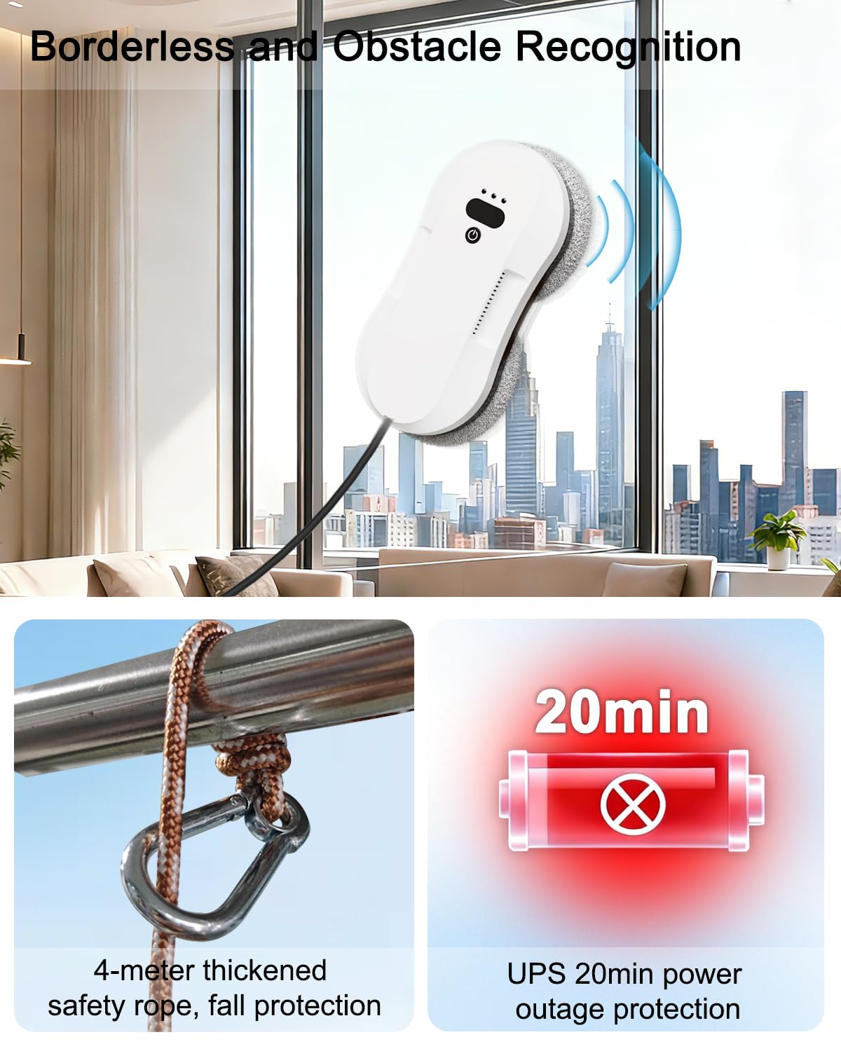EAEGE Window Cleaning Robot, Automatic Window Cleaner Robot with Dual Spray-50ml Tank, Edge Detection, Intelligent Path Planning, 3000pa Strong Suction, Anti-Drop Protection