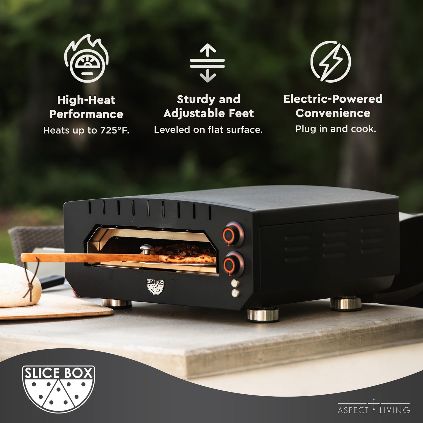 Aspect Living Slice Box Outdoor Electric Pizza Oven, Countertop Cooking, Heats Up to 750 Degrees, Digital Thermometer, Pizza Stone, and Pizza Peel Included, Perfect for Indoor and Outdoor Use - 64900