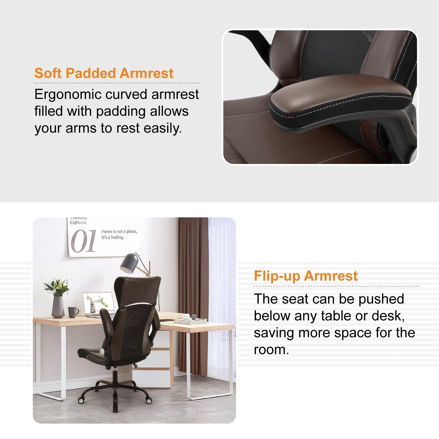 Clearance Executive Office Chair, Ergonomic Leather Desk Chair - Widened Adjustable Headrest with Flip-Up Arms, High Back Computer Swivel Task Chair with Lumbar Support, Brown