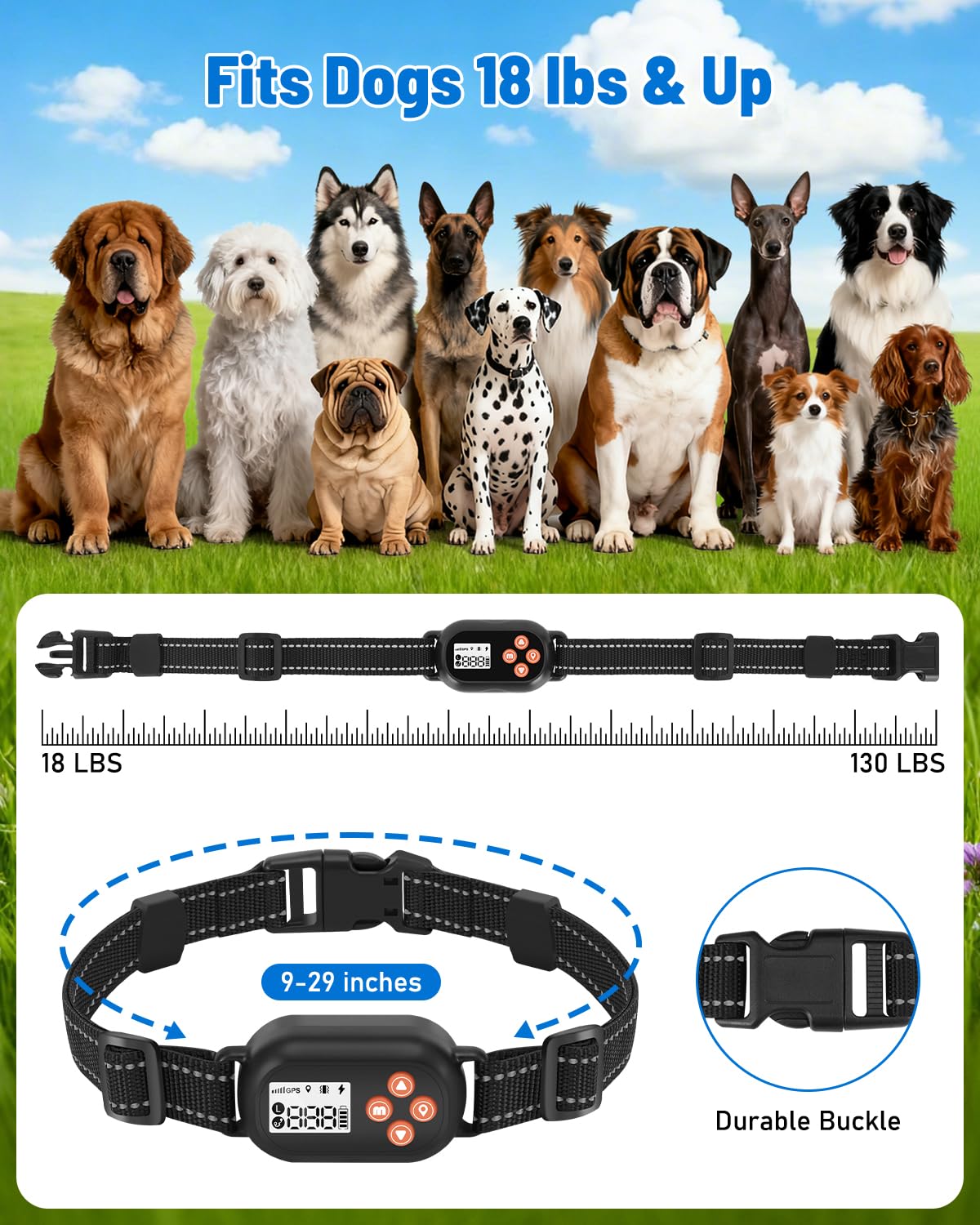 LOTYP Wireless Dog Fence, GPS Dog Collar Fence System, Electric Containment, IP67 Waterproof, Radius from 25-999 Yards, Beep/Vibration/Shock Correction, for Dogs 18 lbs & Up