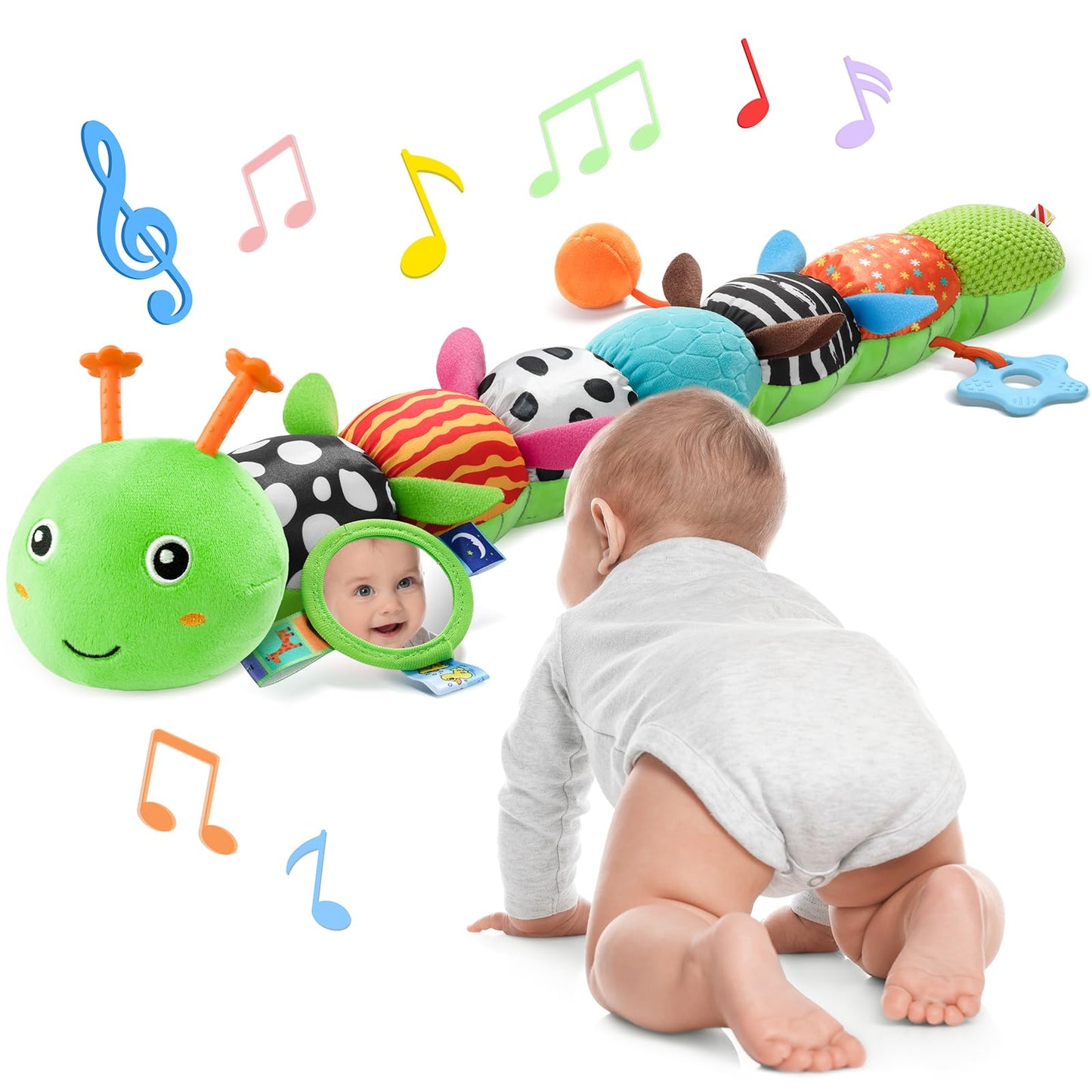 AWOTOY Baby Toys 6-12 Months Music Caterpillar Infant Toys Stuffed Animals 0-3-6 Months Tummy Time Teething Sensory Toys with Mirror Rattle&Pull String Boys Girls Birthday Gifts Easter Basket Stuffer