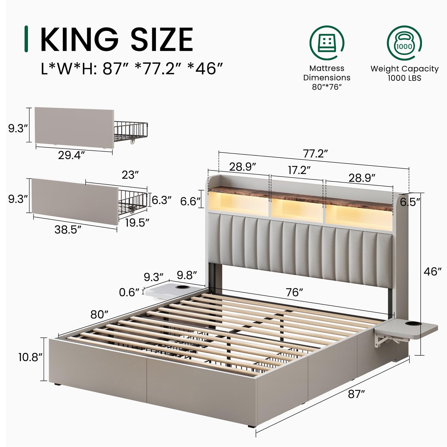 BRELTAM King Bed Frame with Headboard,4 Storage Drawers,and Built-in Adjustable Desk,Charging Station,Easy Assembly,No Box Spring Needed,Light Grey
