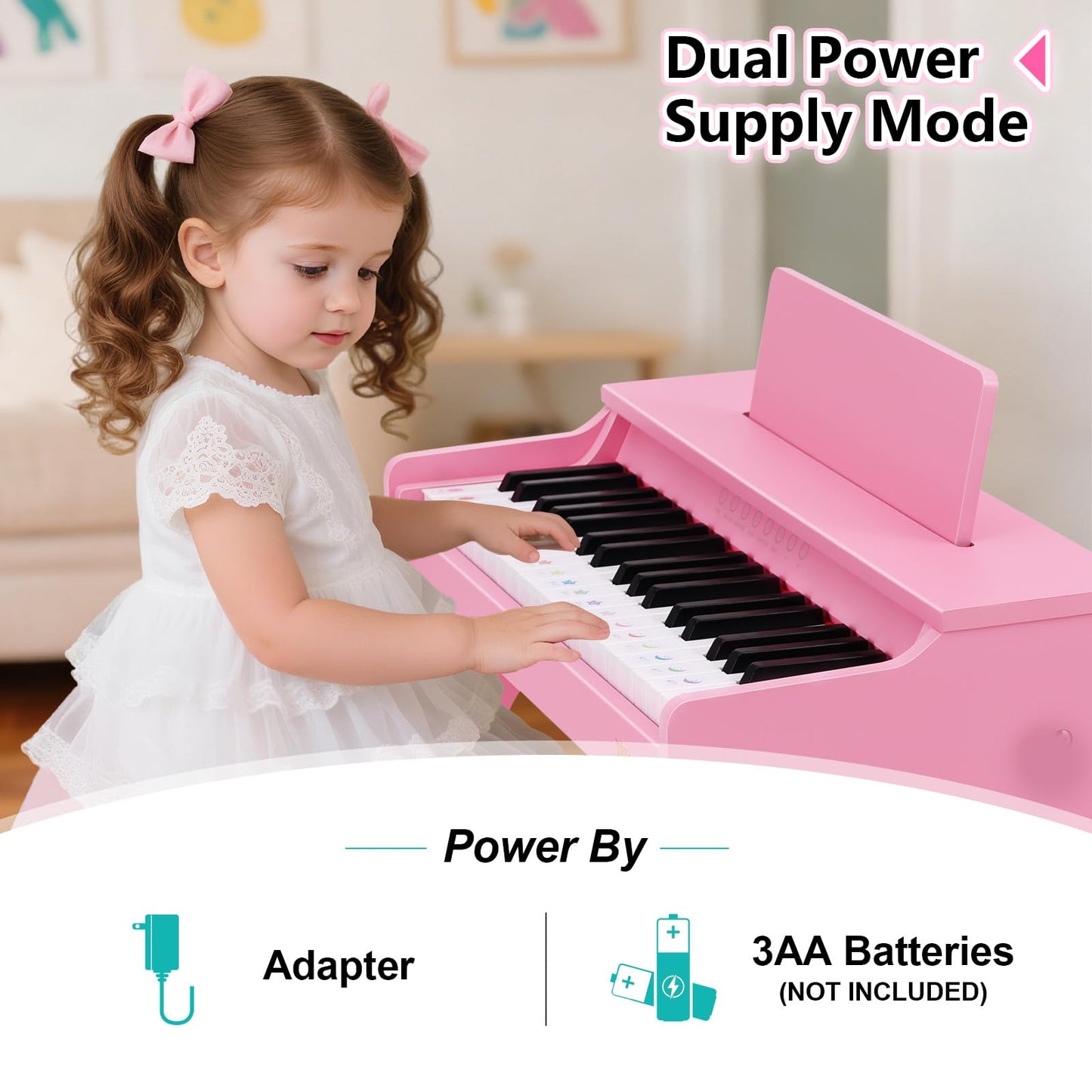 Kids Piano Keyboard, 37 Keys Wooden Digital Piano for Kids with Bench,Song Book, DIY Stickers, Cover, Education Creative Musical Instruments Toy for Boys & Grils Gifts