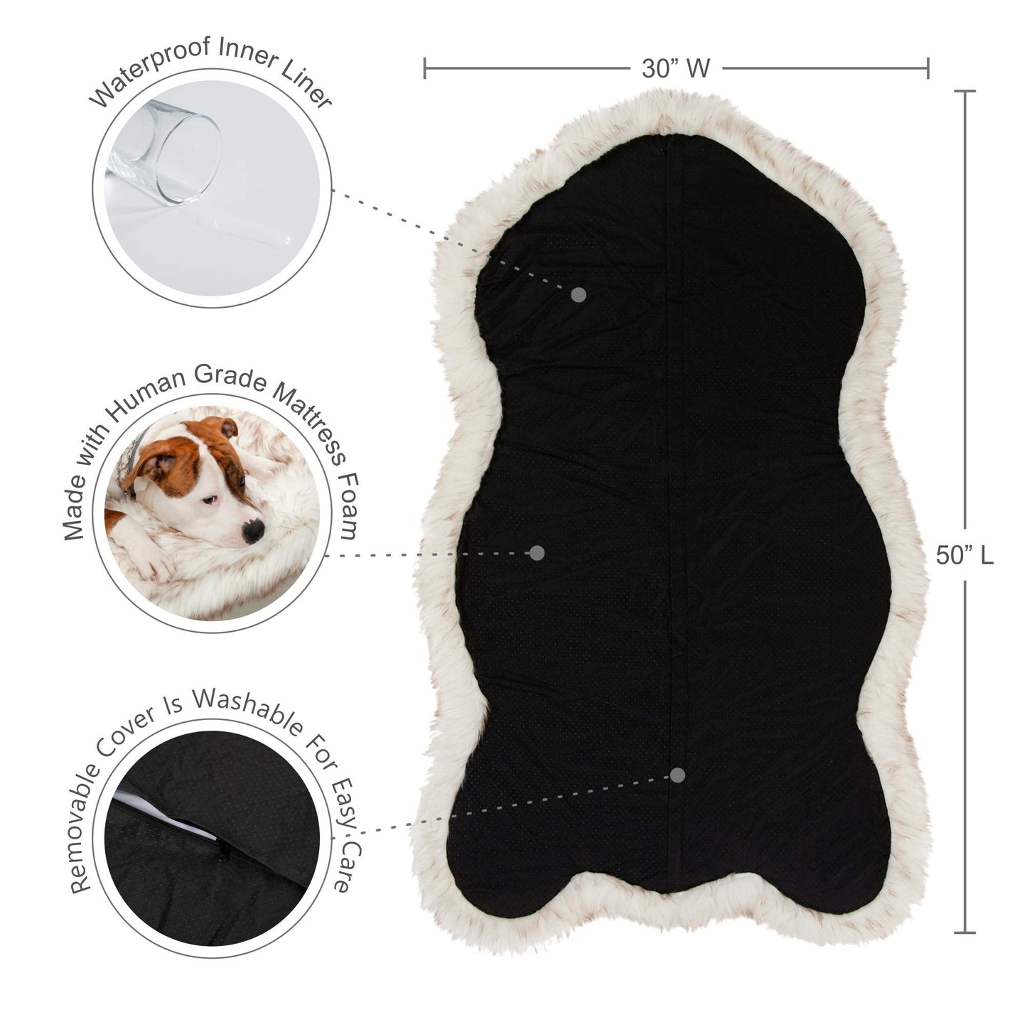 IHAPPYDOG Luxury Faux Fur Orthopedic Dog Bed, Memory Foam Dog Bed for Small, Medium, Large and XL Pets, Fluffy Pet Bed with Waterproof and Washable Cover (White w/Brown Tips, 50"x30")