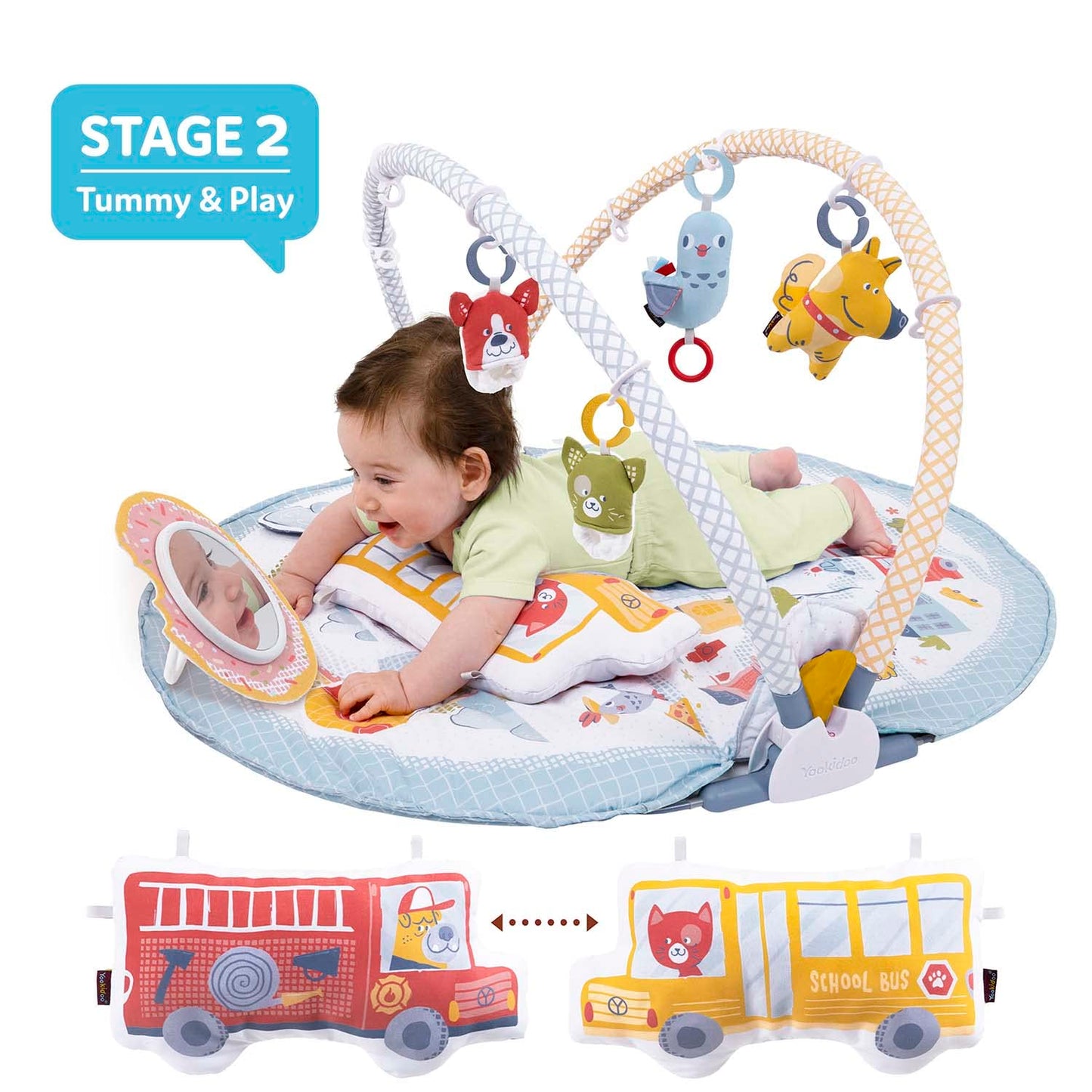 Yookidoo Baby Gym Urban Lay to Sit-Up Playmat. 3-in-1 Newborns Activity Center with Tummy Time Toys, Pillow & Infant Miror. 0-12 Month