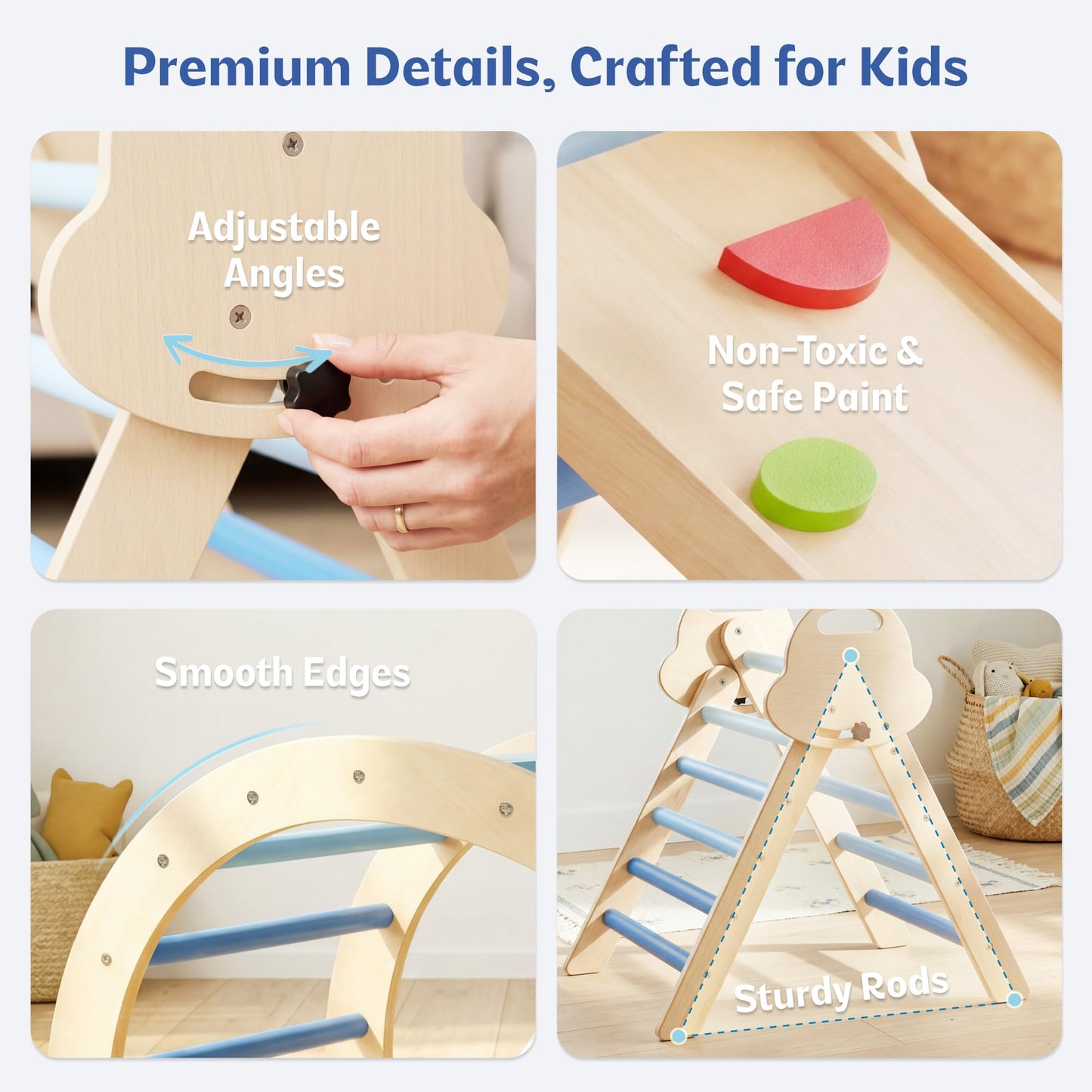 bbgroundgrm 8-in-1 Wooden Climbing Set for Toddlers with Cushion, Foldable Montessori Indoor Climber with Arch, Ramp and Triangle Ladder, Natural Wood Play Gym for Kids 1-3