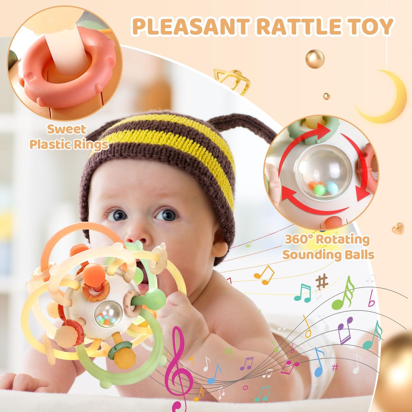 Baby Sensory Teething Toys, Baby Montessori Teether Toys for 0 3 6 9 12 18 Months, Silicone Tummy Time Toy with Rattle Ball for Newborn Infant, Learning Delopmental Gift for Boys Girls, Brown