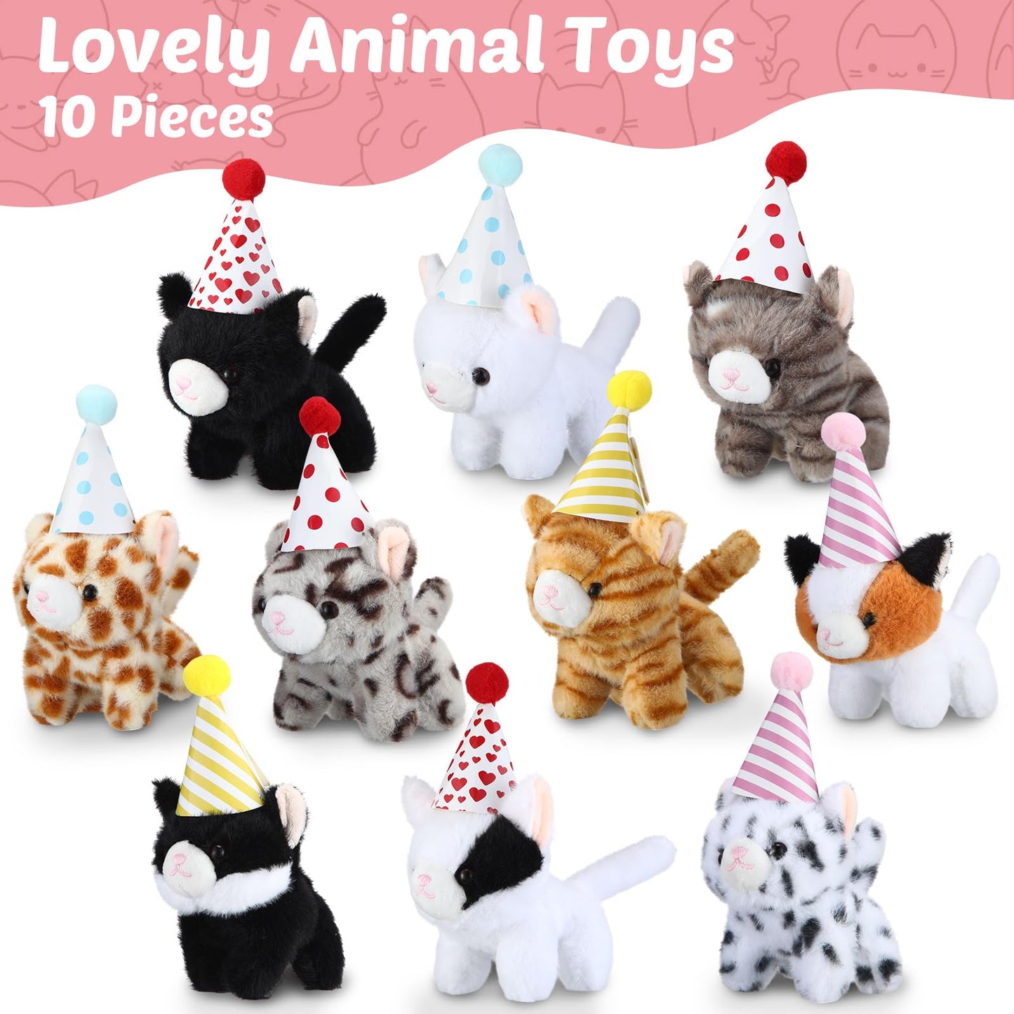 Motionchic 10 Set Kittens Stuffed Animals Bulk with 10 Birthday Hats 10 Kraft Paper Boxes Mini Plush Toys Small Stuffed Cat Pet Gifts for Kids, School Birthday Animal Decor(Standing Style)