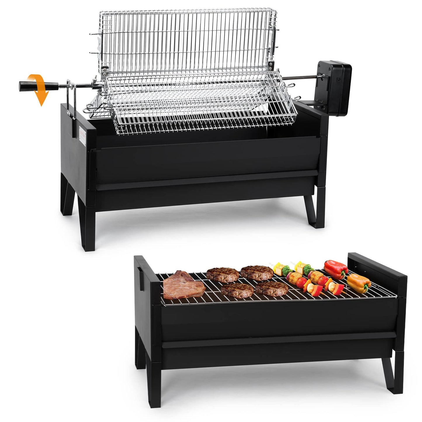ONLYFIRE GRILLS 2 IN 1 Charcoal Grill Rotisserie Kit with 3 Stainless Steel Rotating Baskets and 24 In Grill Grate, Auto Swivel BBQ Roasting Machine for Outdoor Patio Backyard Barbecue, GS304