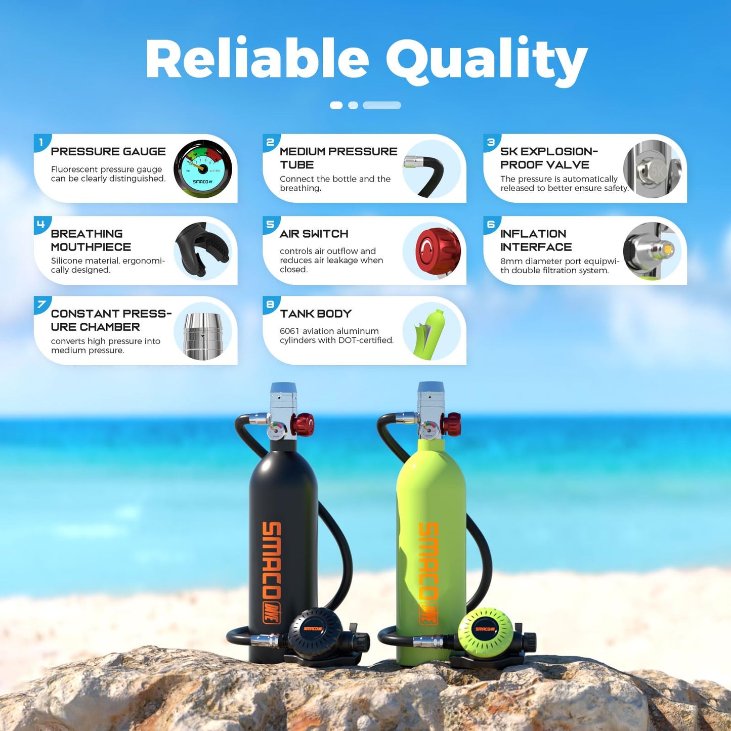 SMACO Mini Scuba Tank 1L Portable Diving Tank for Snorkeling, Emergency Rescue DOT Certified Lung Air Tank for Air Supply Compact & Lightweight Pony Bottle S400