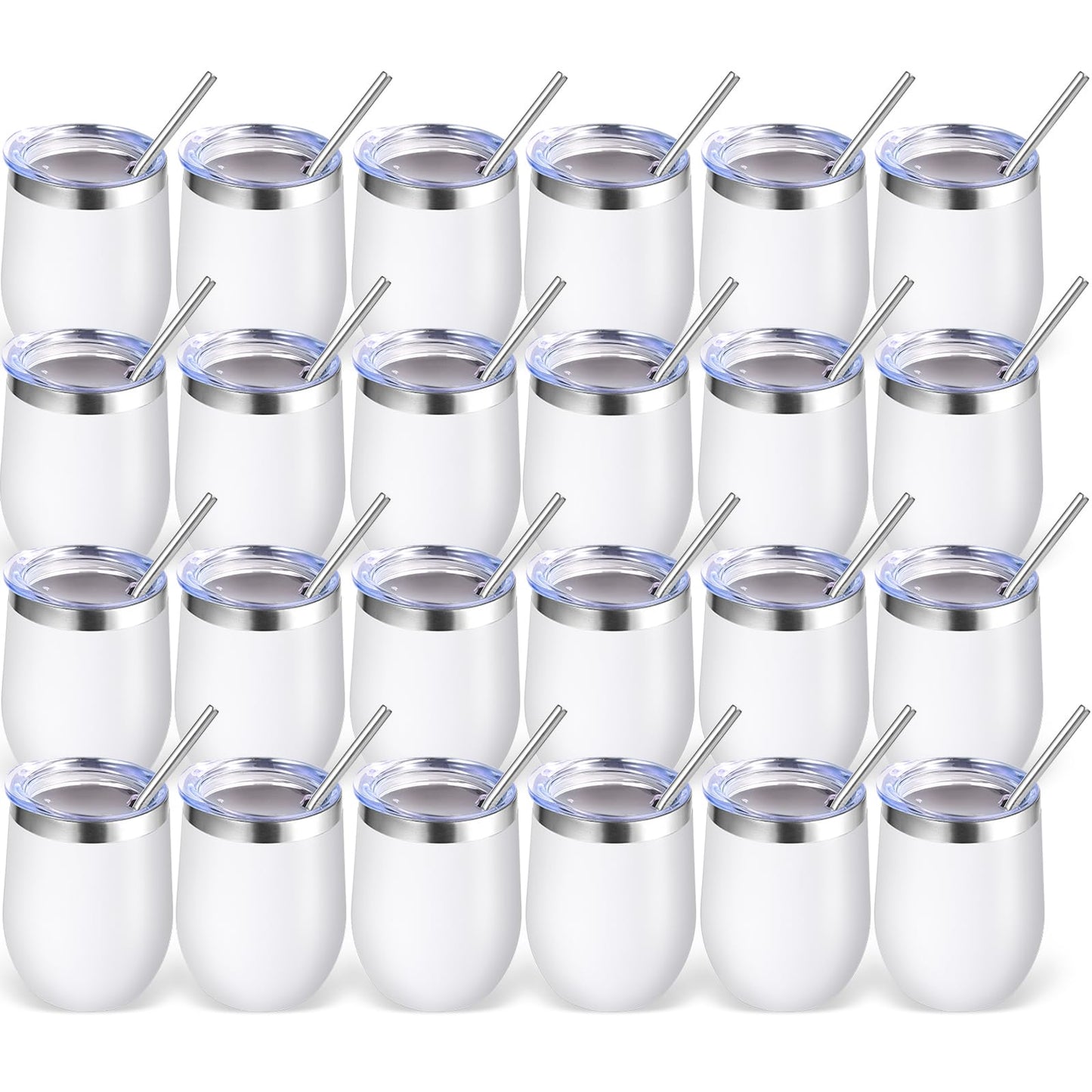 Volhoply 12oz Stainless Steel Wine Tumbler with Lid Bulk 24 Pack,Double Wall Vacuum Stemless Wine Glasses,Reusable Metal Travel Coffee Mug with Straw,Insulated Cups Gifts for Christmas（White,24 Set）