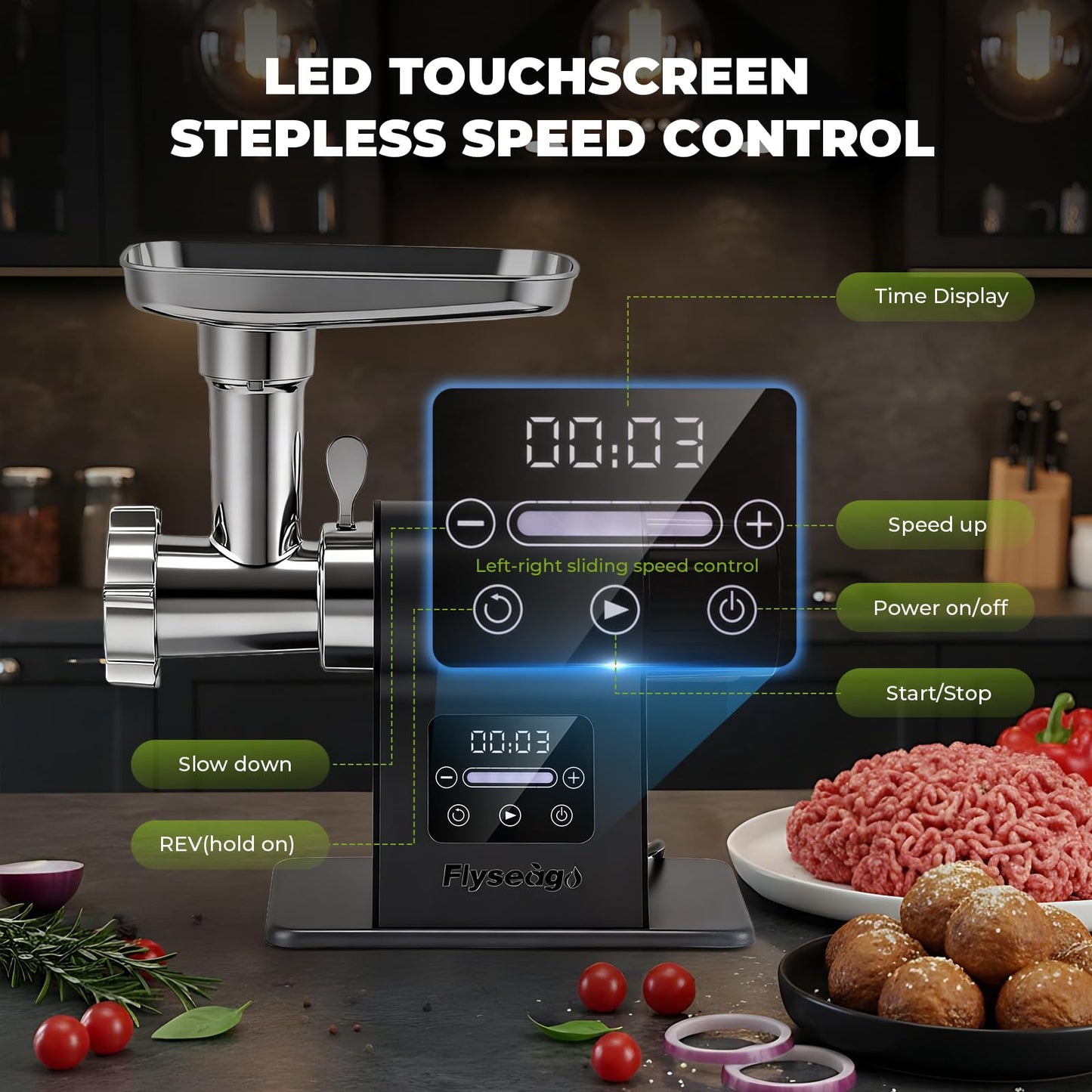 Flyseago Meat Grinder Electric 3200w Commercial Touch LCD Screen Heavy Duty Metal Gearbox Meat Grinder with Timing and Sausage Stuffers, Kubbe Kit for Household Use & Commercial