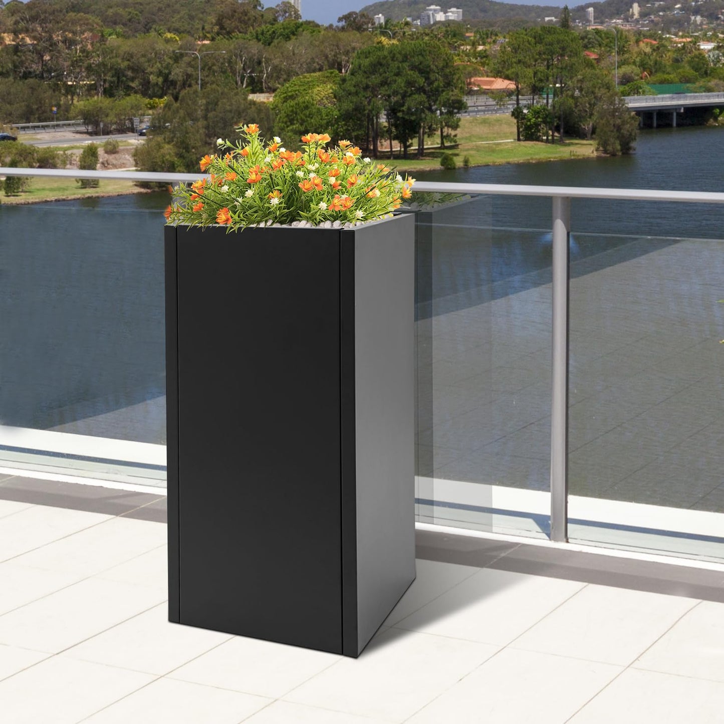 Kathring Tall Metal Planter Box 14” x 14” x 30”, Steel Planter Box with Removable Insert Shelf and Drainage Holes, Rectangular Large Flowerpot for Indoor,Outdoor,Front Porch, Black