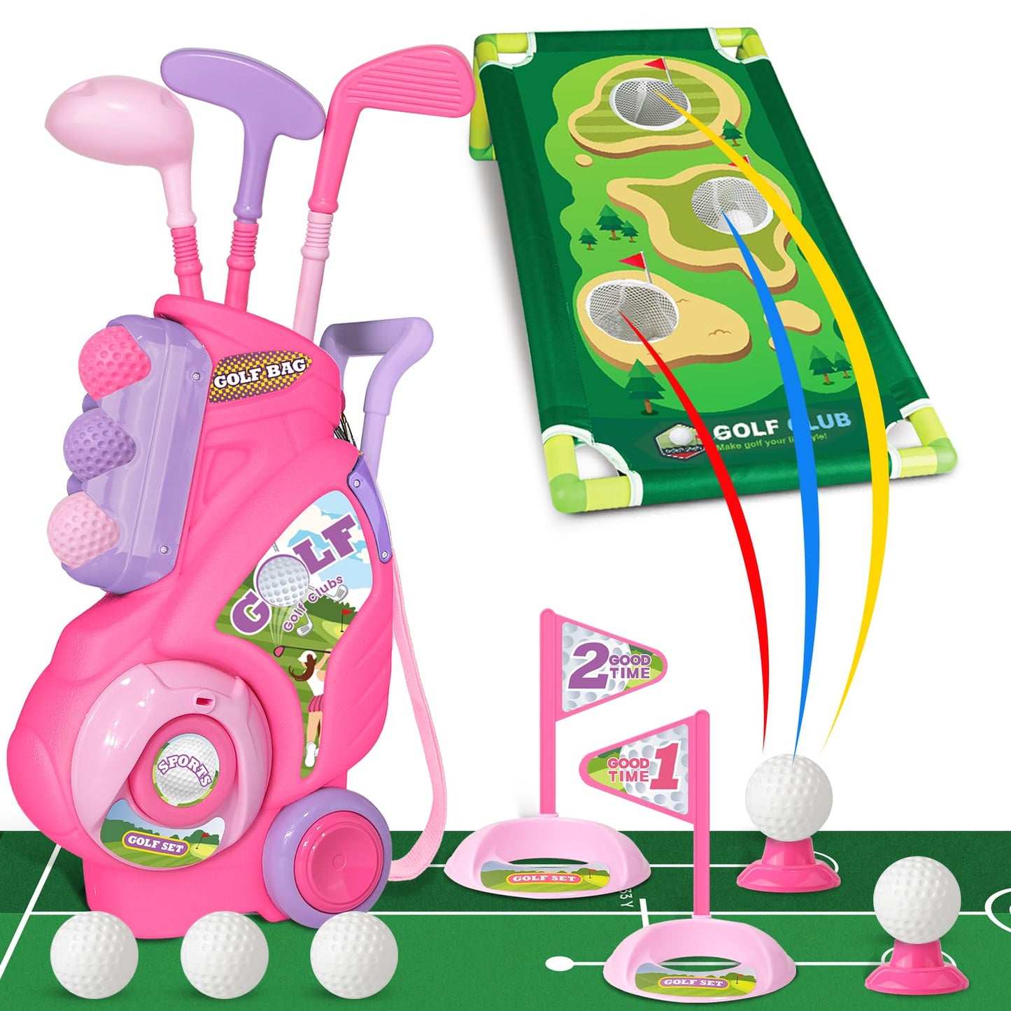 Jovizo Toddler Golf Set for Boys Girls 1 2 3 4 Years Old, Upgraded Kids Golf Cart with Putting Mat & Cornhole Board, Outdoor Indoor Sports Toys, Pink