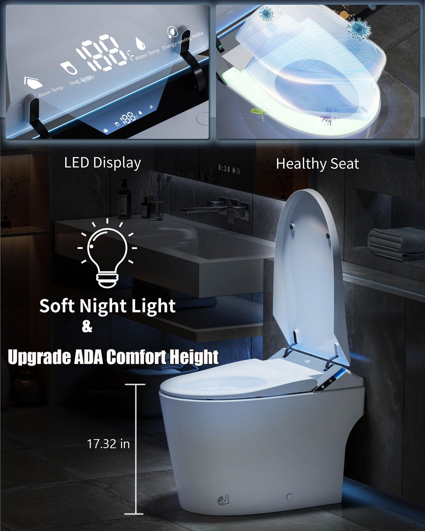 ihati Smart Toilet with Bidet Built in,1000Gram MaP Flush Score,Foam Dispenser,ADA Height,Auto Open Close,Blackout Flush,Auto Flush,Heated Seat,Warm Water,Deodorization,Bidet Toilet with Tank