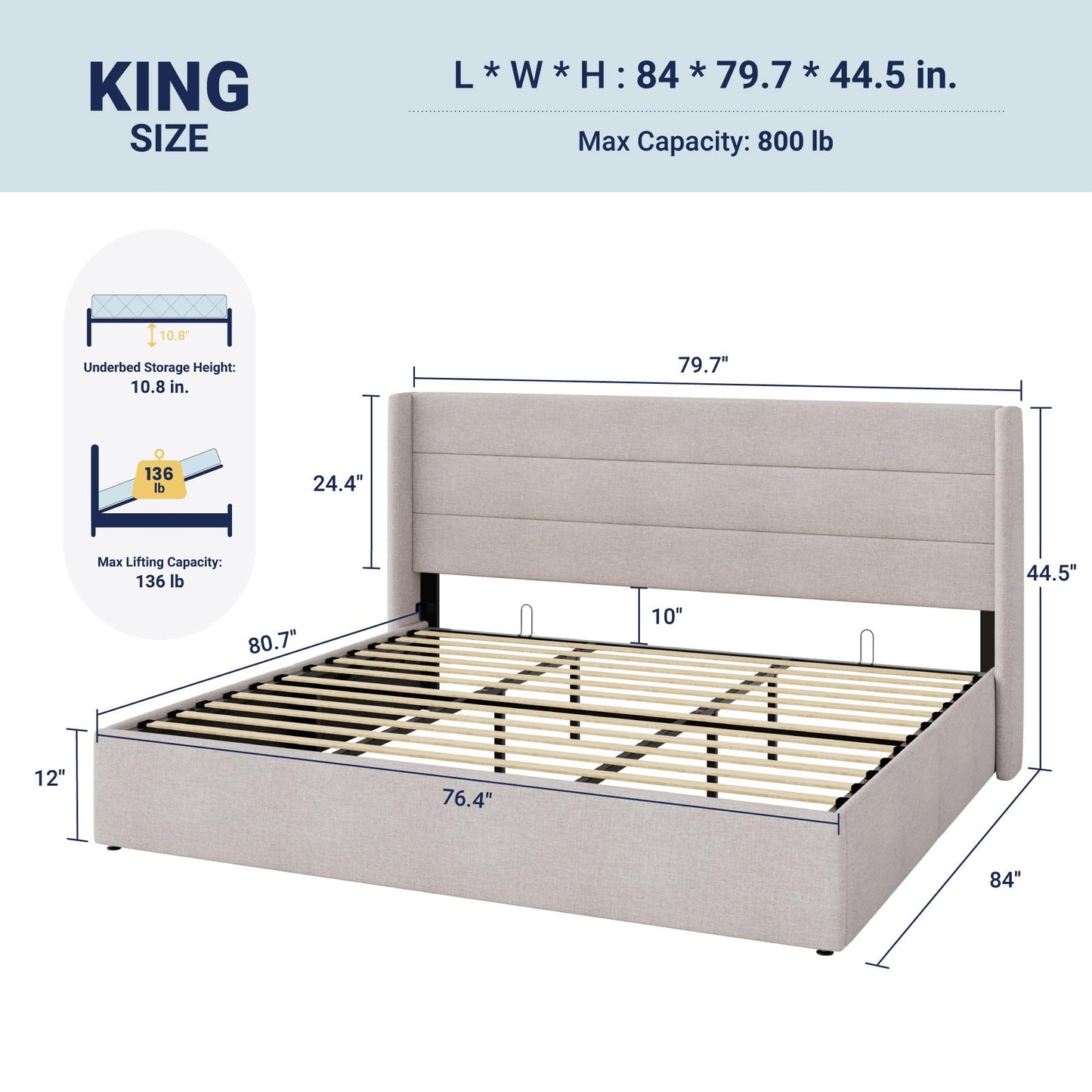 Allewie King Size Lift Up Storage Bed, Modern Wingback Headboard, Hydraulic Support, No Box Spring Needed, Light Beige