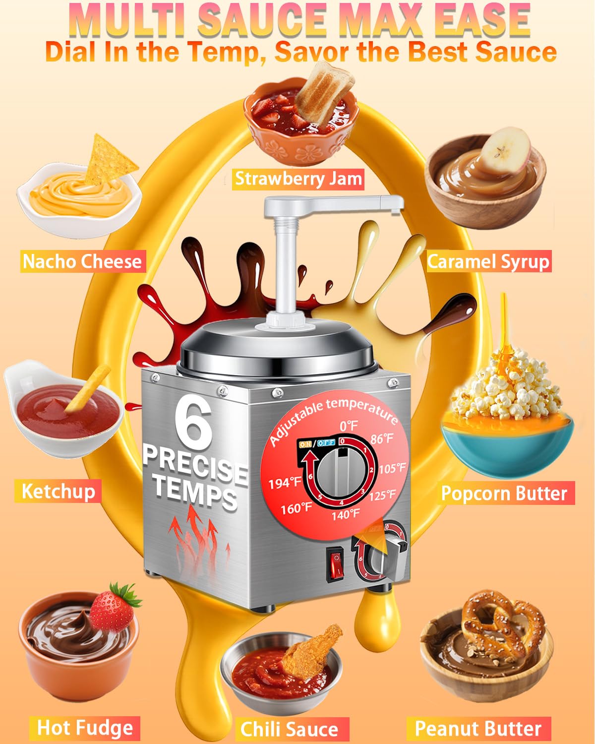 Nacho Cheese Dispenser with Pump - 2.8QT Stainless Steel Nacho Cheese Hot Fudge Sauce Warmer Machine with 6-Level Temperature Control, Commercial Dispenser for Hot Chocolate, Hot Fudge, and Caramel