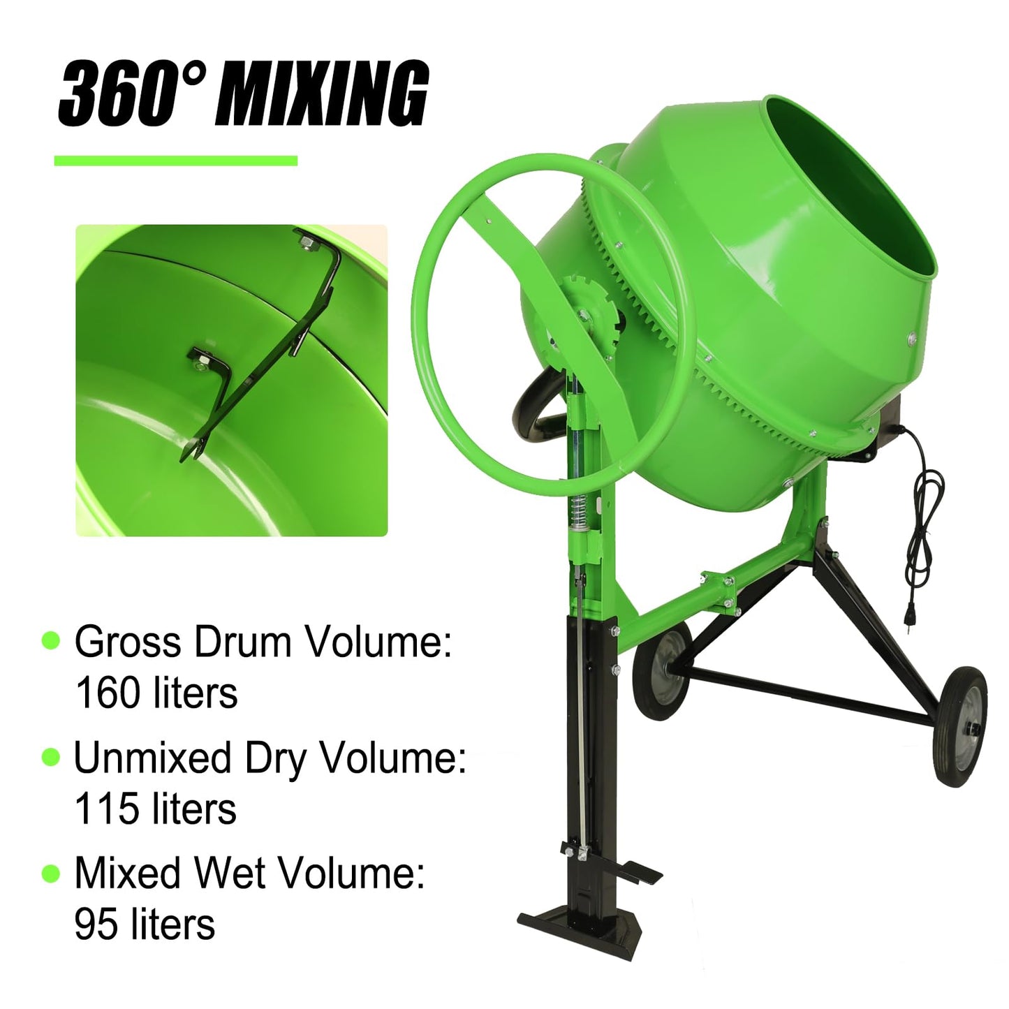 Cimcame Concrete Mixer 5.7 Cu Ft Portable Wheelbarrow Electric Cement Mixing Machine for Stucco Mortar Seeds