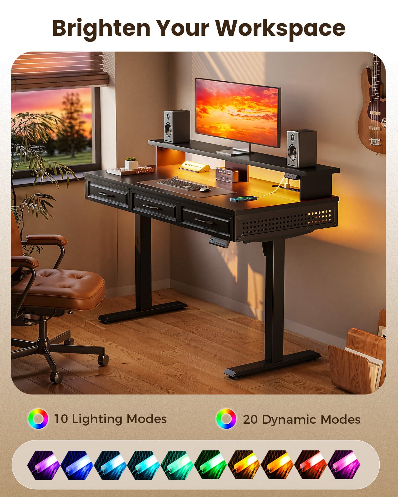 OffiGo Electric Standing Desk with 3 Wooden Drawers, 48 Inch Height Adjustable Desk with Power Outlets & LED Lights, Black Sit Stand Table with Monitor Stand for Home, Office, Workstation