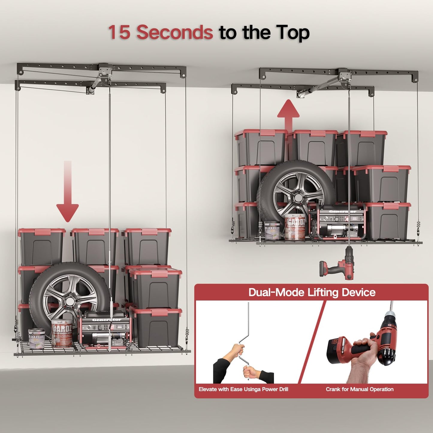 KOKORACKER Overhead Garage Storage Lift, Heavy-duty 4x4 Ft Garage Ceiling Storage Racks with Safety Lock, Ideal for Ceiling Storage Lifting Organization System, 250lbs Capacity