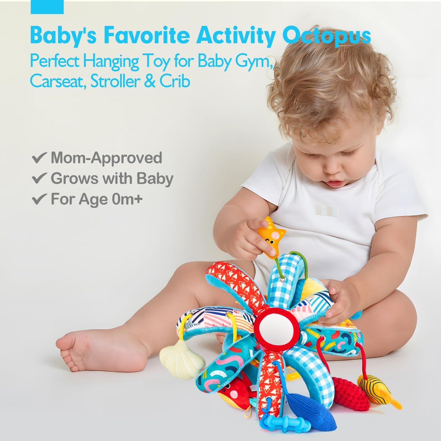 hahaland Baby Toys 0-6 Months - Car Seat Toys Octopus Toy with Pulling Cords, Squeaky, Crinkle, Rattle, Mirror, Montessori Newborn Sensory 4 Month Babies Gift Stroller Carseat Hanging Toy for Baby Gym