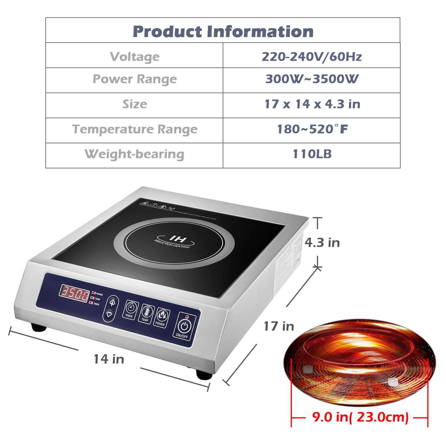 Commercial Induction Cooktop,Portable Electric Countertop Burner(3500W/ 240V) with Stainless Steel Housing, Durable Commercial Induction Hot Plate for Hotel Restaurant School