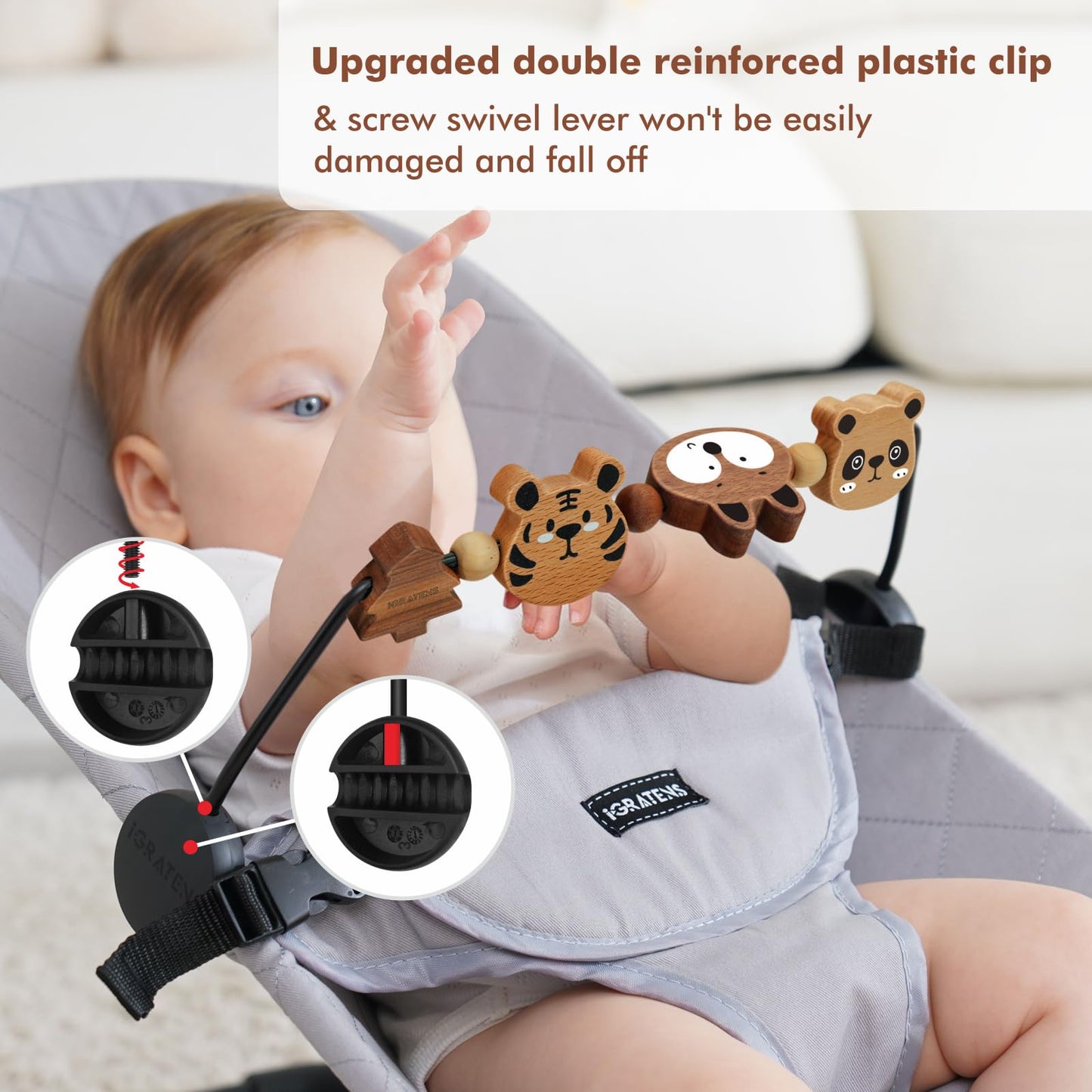 iGRATENS Baby Bjorn Bouncer Toy Bar - Toy Bar for Baby Bouncer Soft & Bliss, Easy to Attach and Remove, 360°Rotating Natural Wooden Toys, Exciting Design for Curious Babies, Safari Animals