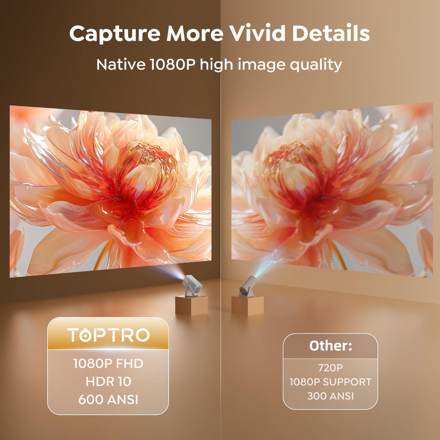 [4K Support/Auto Focus/360°Adjustable Stand]Smart-Projector-4K with WiFi 6 and Bluetooth5.2, Native 1080P Mini Portable Projector, Dolby Audio, TOPTRO Outdoor Movie Proyector Compatible with Netflix