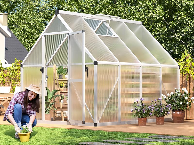 IDEALHOUSE 6x7 FT Greenhouse for Outdoors, Lockable Door and Ajustable Roof Vent, Polycarbonate Greenhouse with Windproof Aluminum Frame, Aluminum Walk-in Greenhouses, for Backyard, Lawn