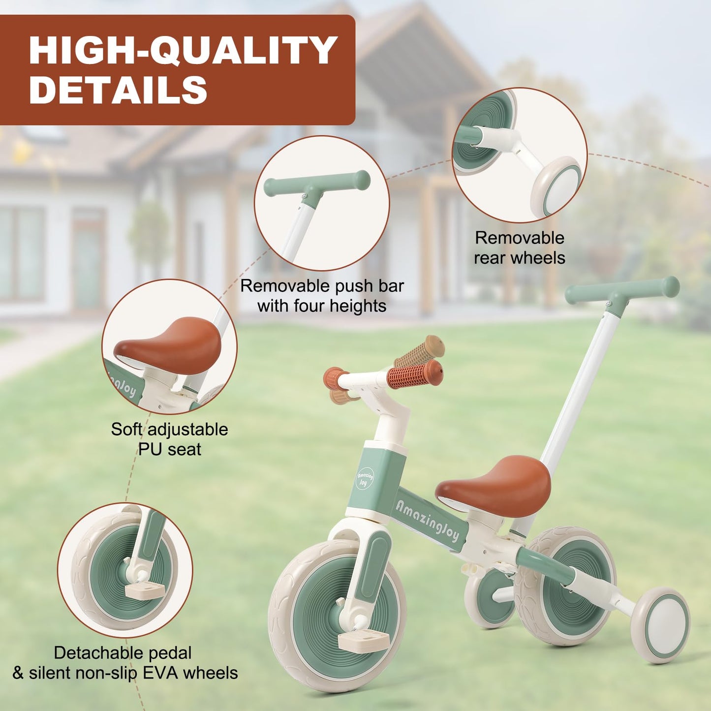6-in-1 Toddlers Tricycle Baby Balance Bike, Kids Steering Push Handle Bicycle with Removable Pedals, Adjustable Seat,Training Wheels Toys 18 months+ Birthday Gifts for Boys Girls 2 3 4 Year Olds, Mint