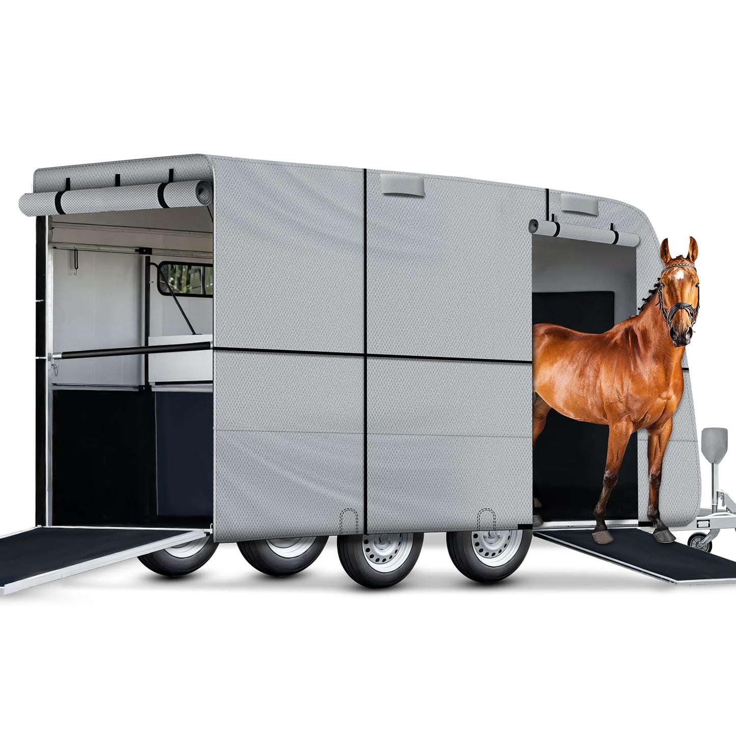 Horse Trailer Cover, Pull Horse Trailer Cover, 7-Layer Heavy Duty Horse RV Cover, Anti-UV, Waterproof and Windproof Horse Puller Trailer Cover for 14'1" - 16' Length Trailer Gray