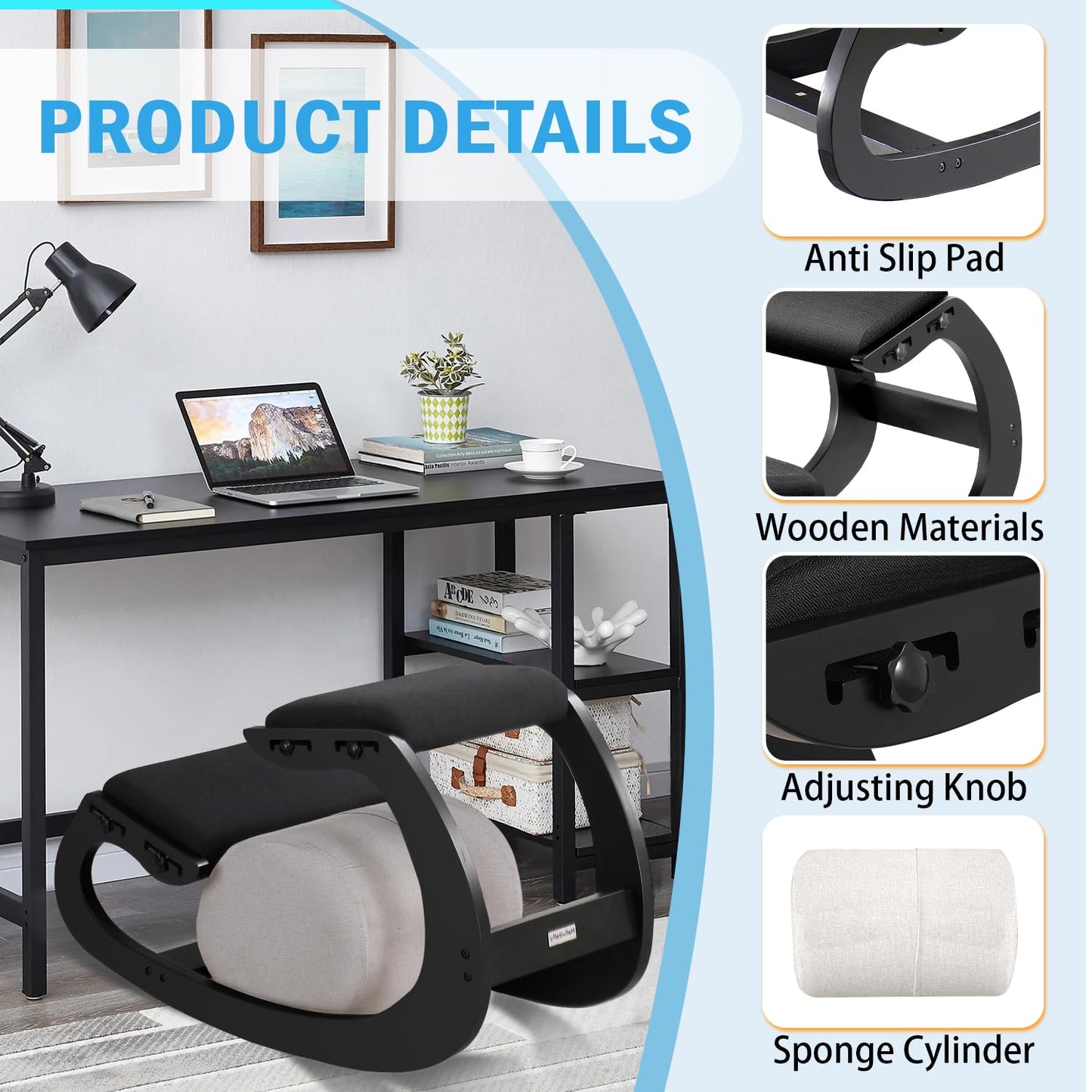 Adjustable Kneeling Chair, Wooden Ergonomic Chair Knee Chair Posture Chair - Improve Your Posture with an Angled Seat for Home,Office (Cylindrical Black)