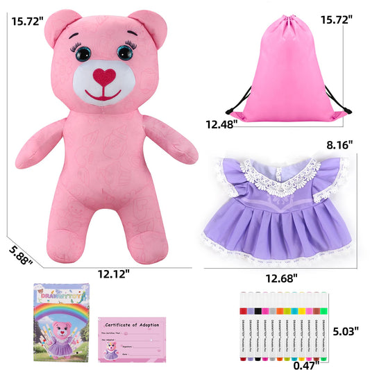 DRAWMYTOY Coloring Plush Toy with 12 Washable Markers for Little Girls Doodle Dolls for Kids Ages 4-6 Birthday (Purple Princess Dress Bear)
