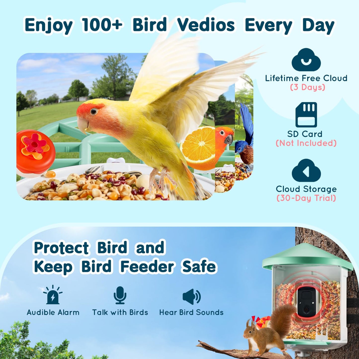 Happybuy Smart Bird Feeder with Camera,2K HD AI Identify 10000+ Bird Species,Solar-Powered Bird Watching Camera with Auto Capture & Instant Notify,Wireless Outdoor Gift for Bird Lover (3 Solar Panels)