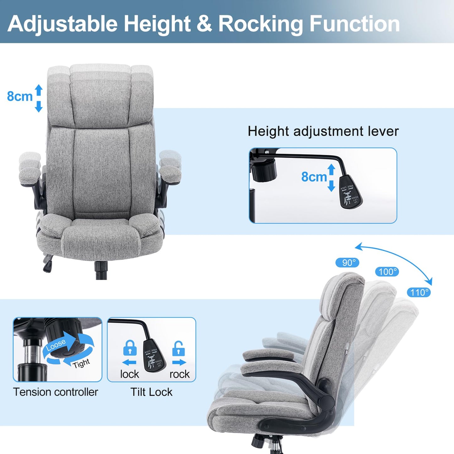 BRTHORY Office Chair High Back Ergonomic Executive Computer Desk Chair Comfortable Fabric Padded Home Office Desk Chairs with Flip-up Arm Rest Adjustable Height Swivel Wheels (Grey)