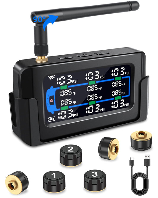 6-Wheel RV Tire Pressure Monitoring System TPMS Tire Pressure Monitor System RV Trailer 6 Sensors 130 PSI Signal Booster Antenna 66ft Solar/USB Charging for Travel Trailer Truck Color Display