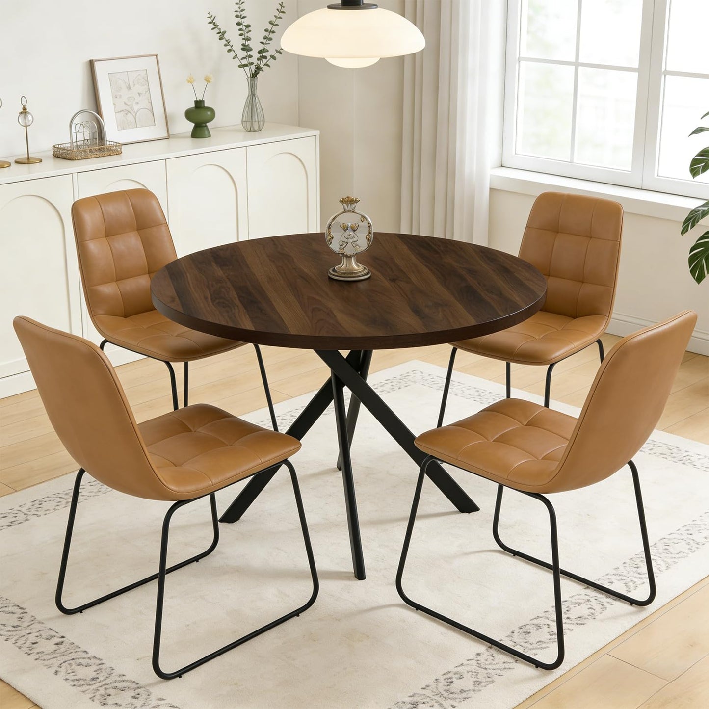 domusdisn 44" Round Dining Table with Cozy Chair Set for 4, Modern Mid-Century Dining Table Set of 4, Dinette Sets with Metal Leg for Kitchen Dining Room Apartment(Walnut Table + Brown Chairs)