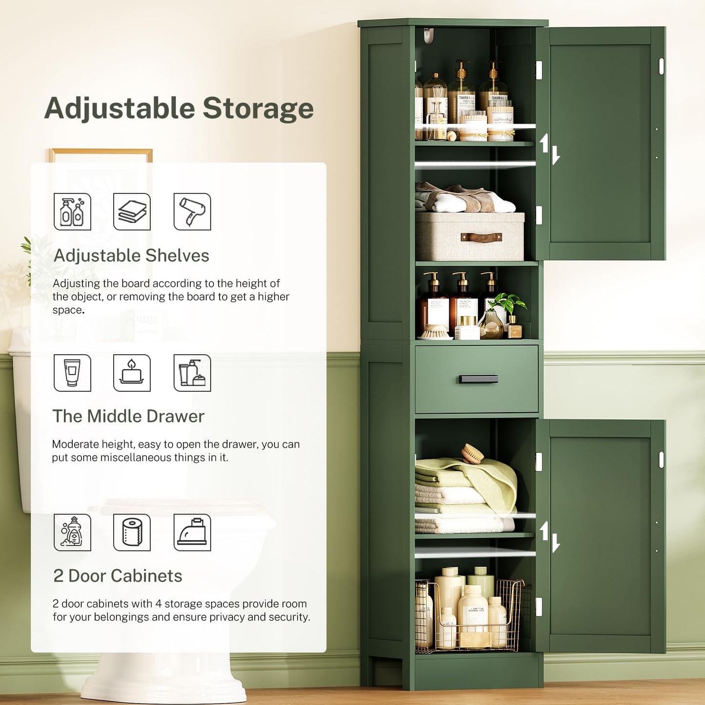 TEENFON 67" H Tall Bathroom Storage Cabinet with Barn Doors and Drawer, Narrow Bathroom Cabinet, Narrow Storage Unit, Adjustable Shelves, Floor Cabinets for Living Room, Forest Green UNSNG091V