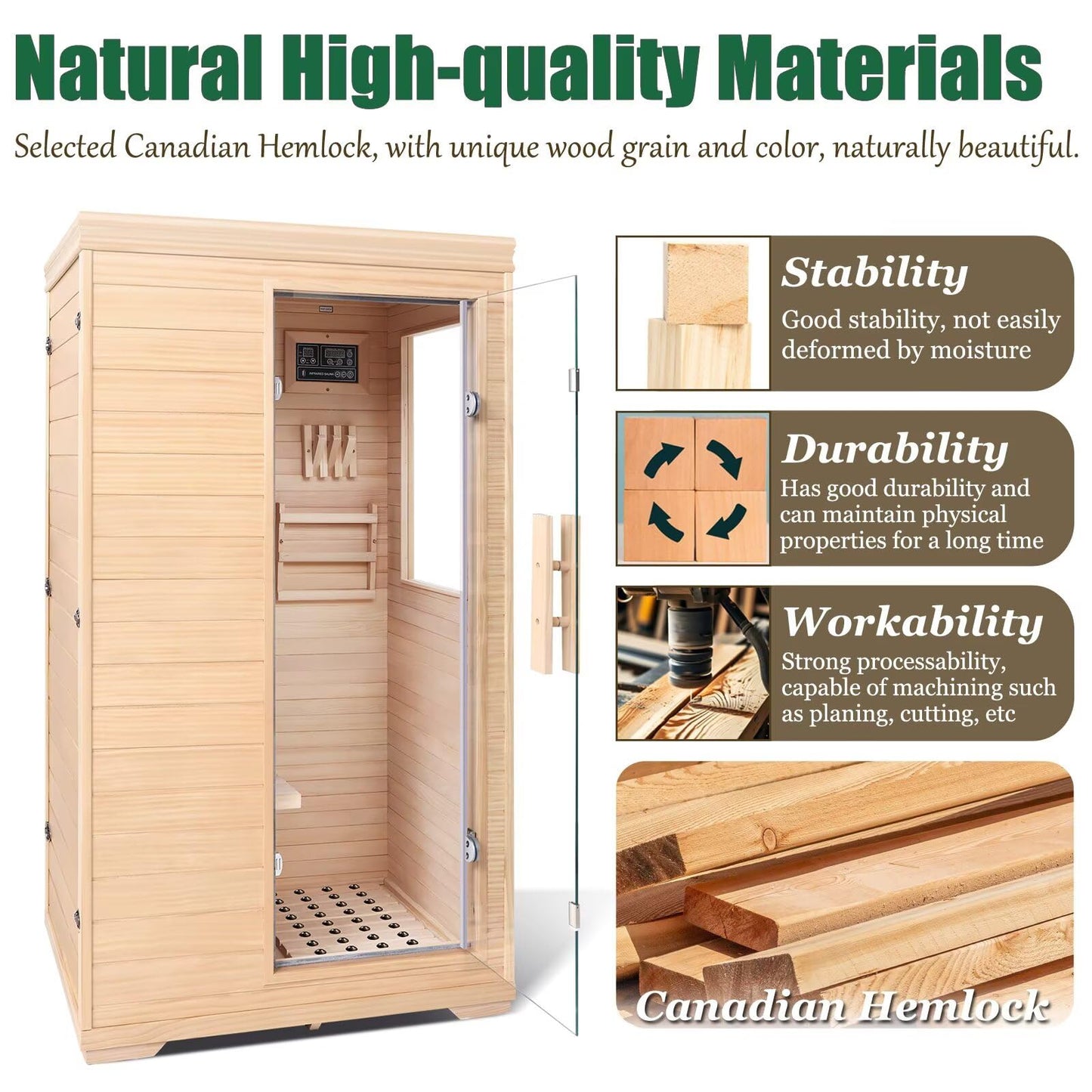 1-Person Low EMF Far Infrared Sauna for Home Use, 1050W Canadian Hemlock Wood Sauna with Bluetooth Music & Color Therapy Light, Easy Assembly for Bedroom, Gym, or Basement