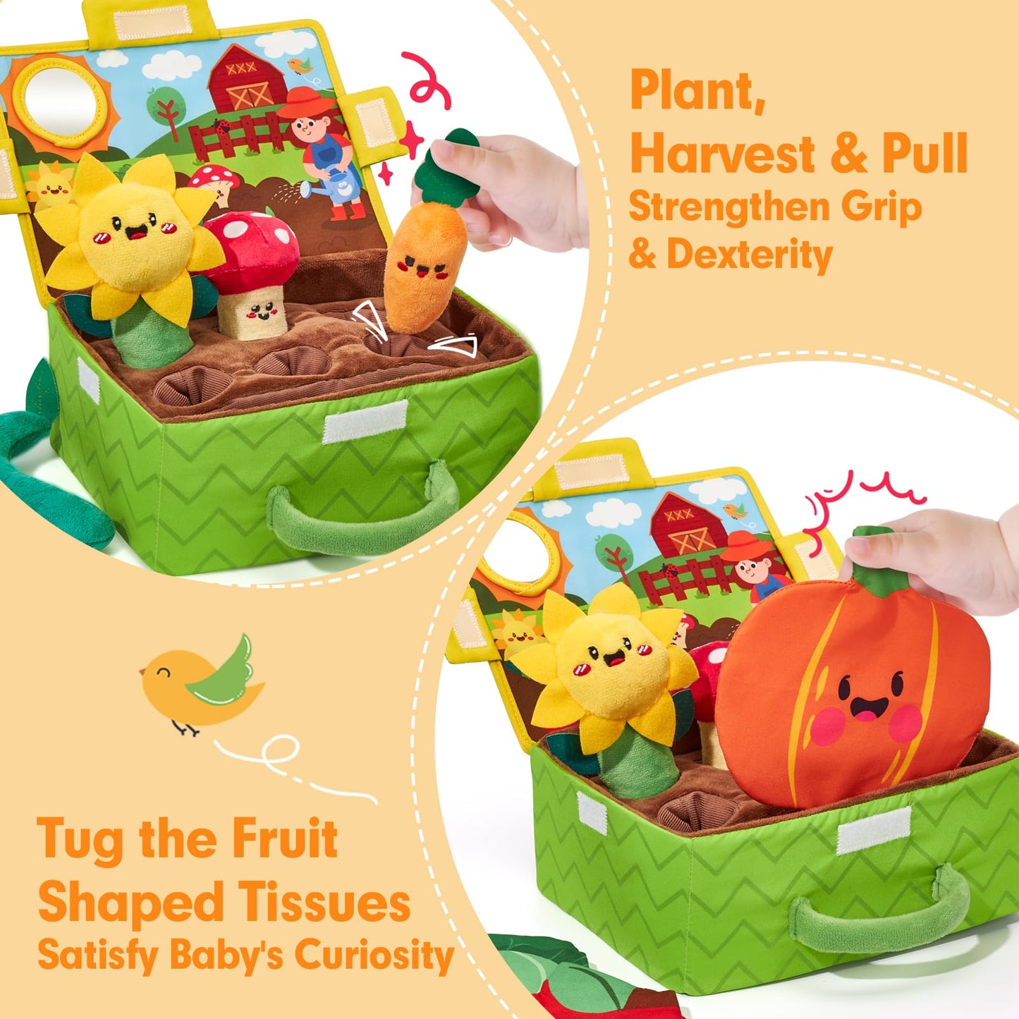 hahaland Baby Toys 6-12 Months - Fruits Vegetables Garden Plant Plush - 6 Month Old Toys Montessori Sensory Toy Carrot Flower with Rattles Mirror Squeaker Textures Crinkle Tissues, Baby Gifts 9 Month