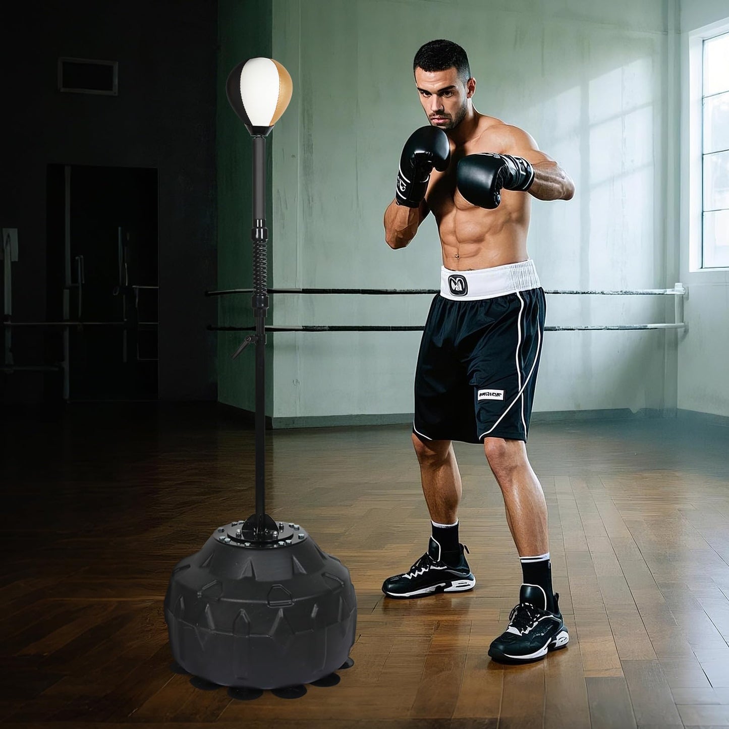 Boxing bar Reflex Speed Bag Punching Bag Free Standing Boxing Bag with Adjustable Height & Reinforced Spring Strong Durable Relief Stress Ball for MMA WWE Exercise（Black White Gold）