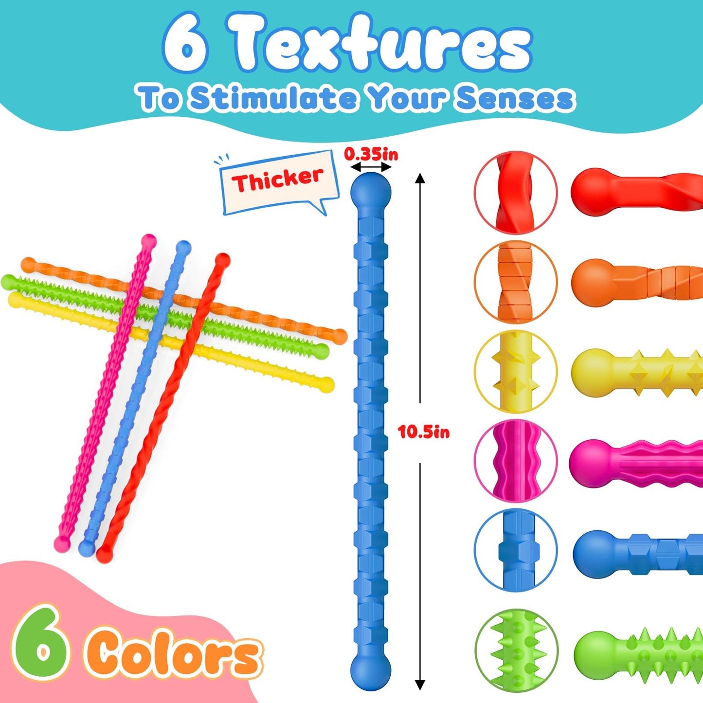 12 Pcs Fidget Toys Sensory Sticks for Kids Adults, Silicone Textured Fidget Stick for Stress Anxiety Autistic ADHD, Easter Basket Stuffers for Kids Classroom, Quiet Fidgets for Calm Down Travel
