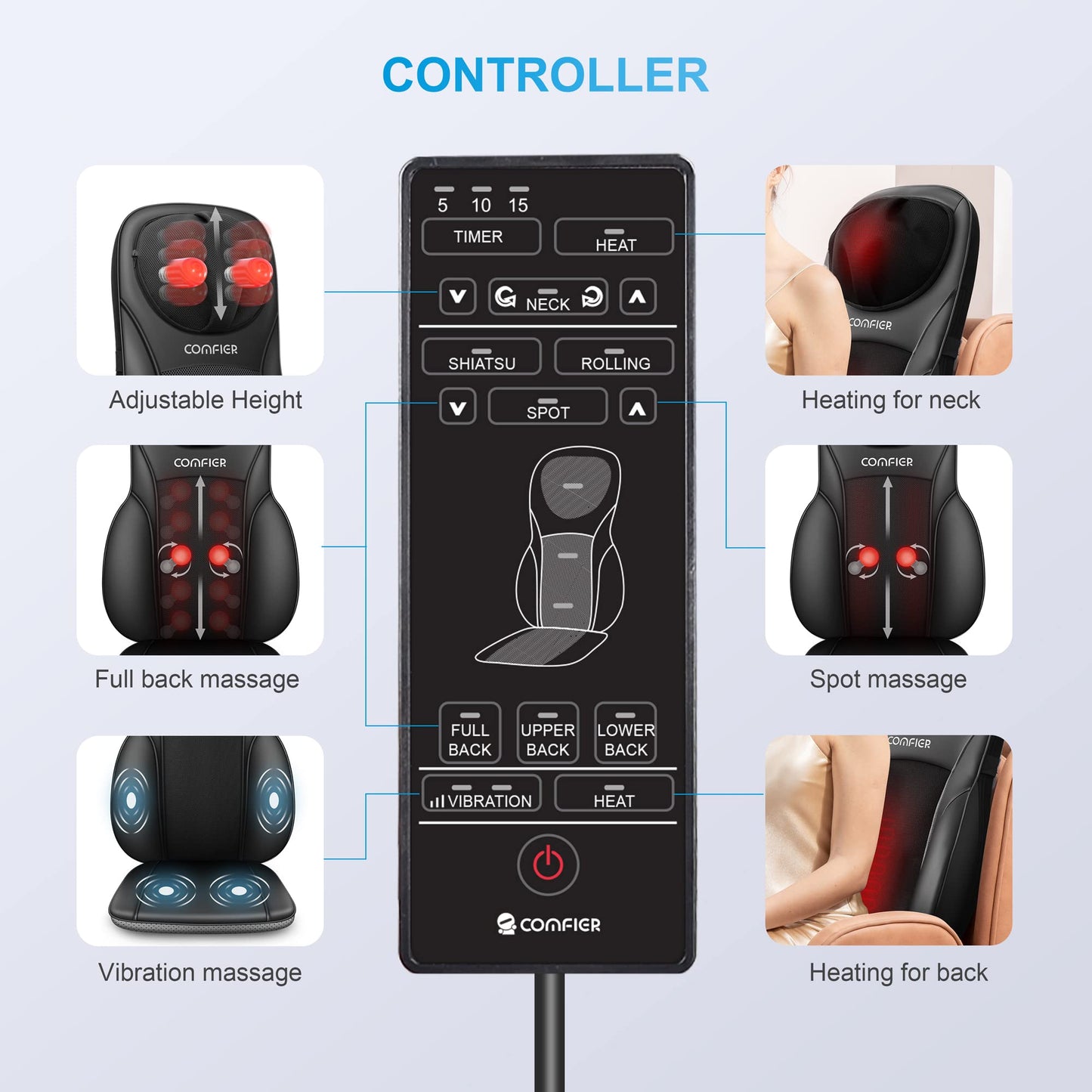 COMFIER Shiatsu Back Massager with Heat, Deep Kneading & Rolling Massage Chair Pad, Chair Massager for Office Home Use, Gift for Dad Mom