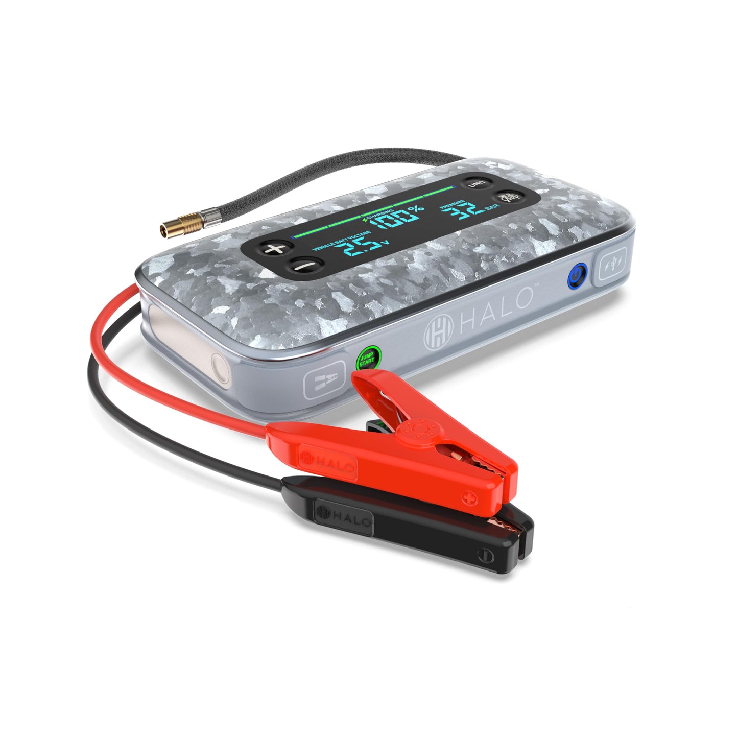 HALO Bolt Air+ 1750 Portable Car Battery Jump Starter | 130 PSI Air Compressor, 59.9Wh USB Power Bank, Large Display, Emergency Floodlight & Charger, Jumps Cars SUVs & Trucks, Inflates Tires — Silver
